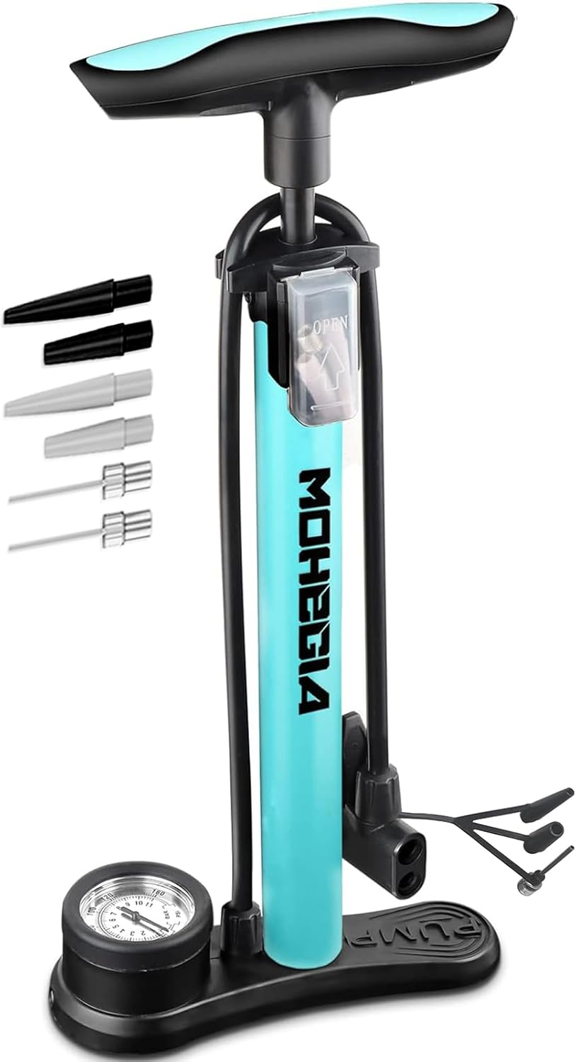 MOHEGIA Bicycle Pump, Air Pump 160 PSI High Pressure Floor Pump with Pressure Gauge, Hand Pump for All Valves - Presta, Schrader, Dunlop, Car, French Valve, for Bike, Tyre, Ball