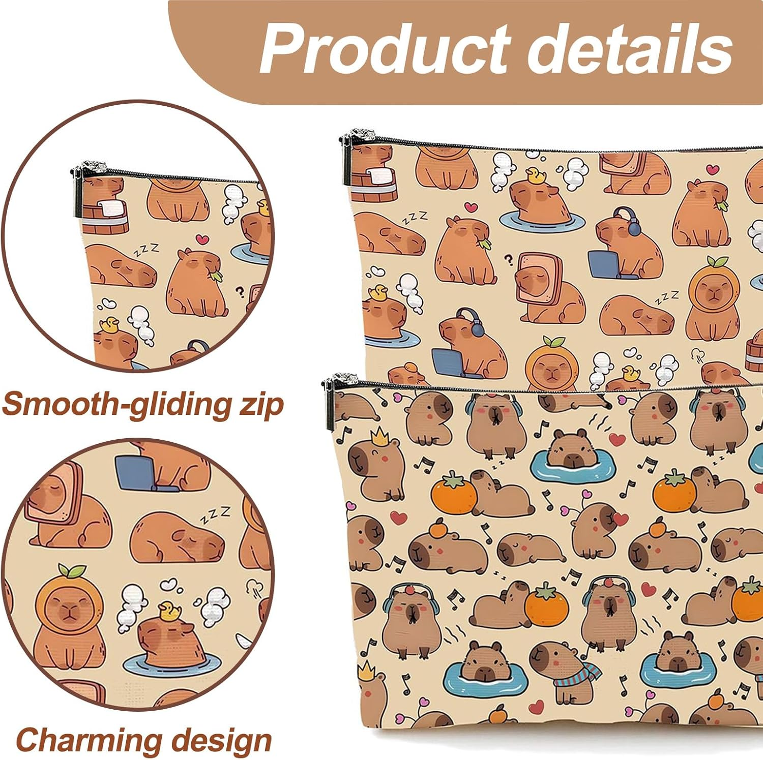 FOSDICK 2 Pieces Capybara Makeup Bag, Linen Make up Bag, Cute Capybara Cosmetic Bags, Portable Makeup Bags, Makeupbag with Zipper, Make up Pouch for Cosmetics, Toiletries, Gifts for Women Girls image number 3