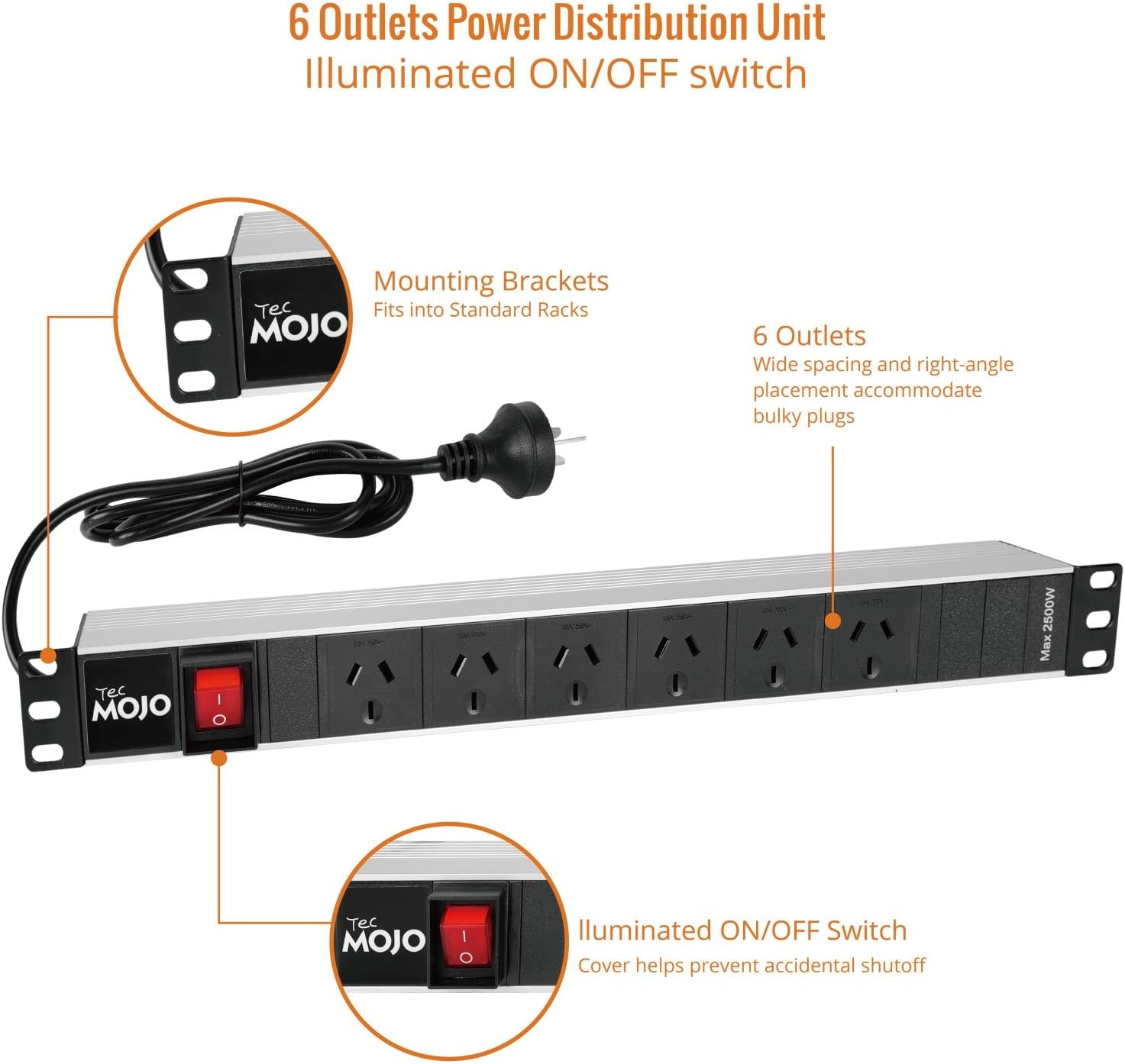 Tecmojo 1U Rack Mount PDU Power Strip, Power Distribution Unit for 19 Inch Server Cabinet, 6 Outlets with 2M Power Cord, Double-Break Switch, 10A 250V 50/60HZ, Black