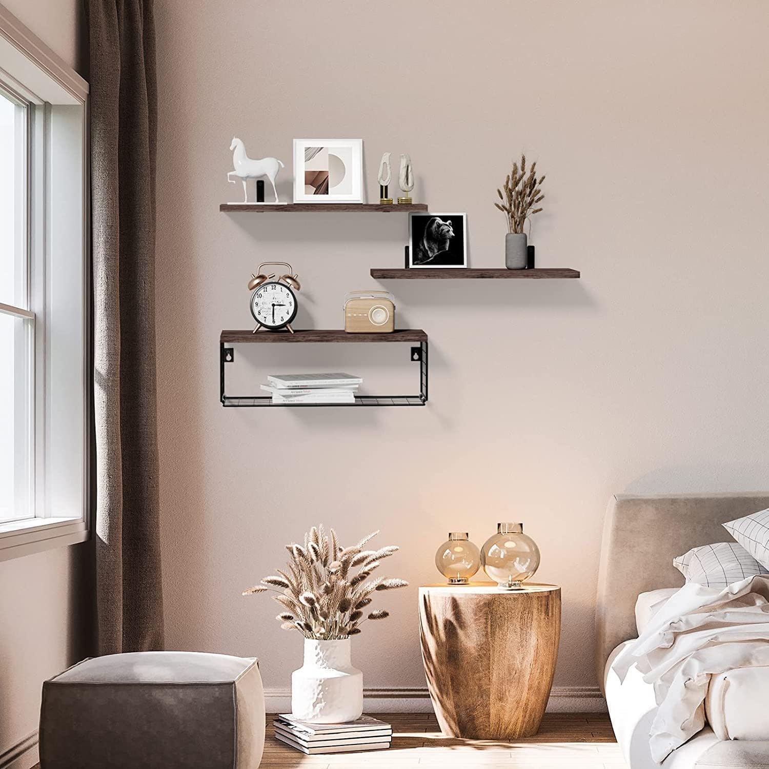 Floating Shelves Set of 3, Wall Mounted Shelf with Wire Storage Basket, Bathroom Shelves over Toilet, Wood Hanging Shelving for Bathroom, Bedroom, Living Room, Kitchen Decor image number 3