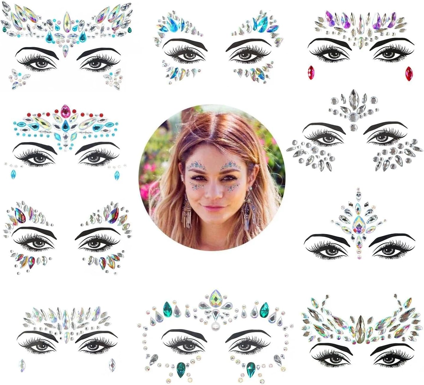Weidllys 10 Sets Mermaid Face Gems Glitter，Rhinestones Body Temporary Stickers，Crystal Stickers Decoration，Rhinestone Rave Festival Face Jewels image number 3