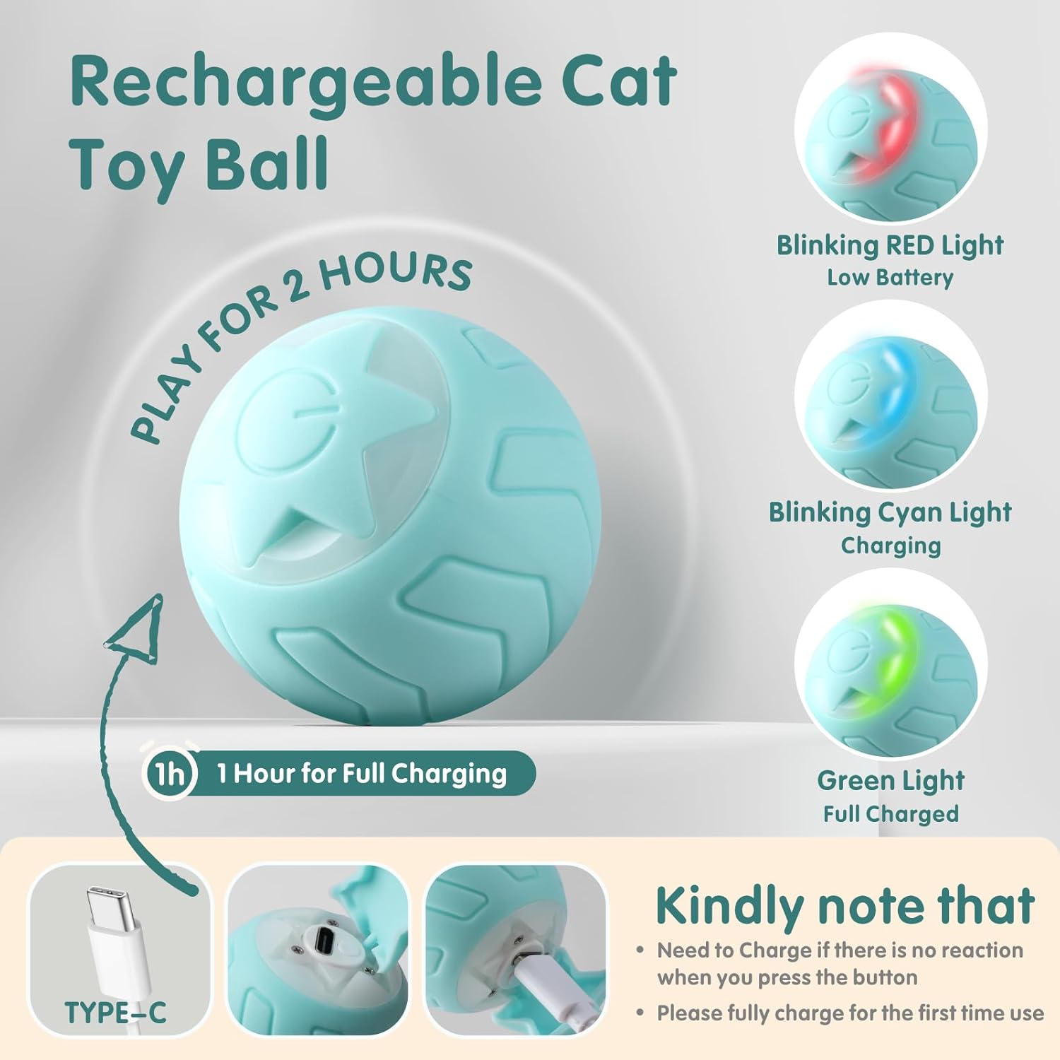Interactive Cat Toy Ball, Baytion Cat Balls Automatic Moving Rolling Cat Toys for Indoor Cat Kitten, with 2 Modes, LED Lights Changeable, Type-C Rechargeable, Mintgreen image number 1