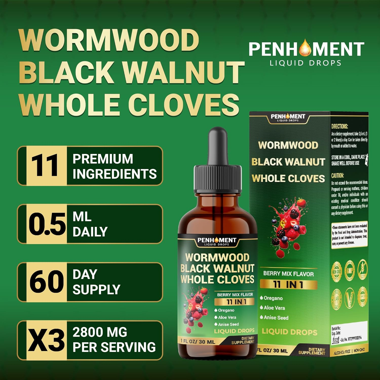10In1 Wormwood Tincture - Black Walnut, Whole Cloves, Reishi Mushroom & 4 More - Wormwood Liquid Drops - 1 FL OZ for 2 Months Supply - Berry Mix Flavor