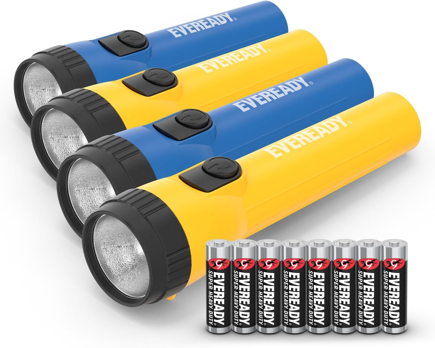 EVEREADY LED Flashlights (4-Pack), Bright Flashlights for Emergencies and Camping Gear, Flash Light with AA Batteries Included, Blue/Yellow (4-Pack) image number 1