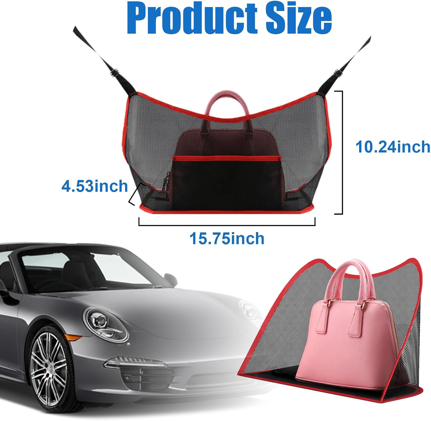 Ziciner Car Net Pocket Handbag Holder, Organizer Mesh Bag between Two Seat, Driver Storage Netting Pouch for Handbag Purse, Barrier of Backseat Pet Kids, Car Accessories for Women Men (Black&Red) - Black image number 6