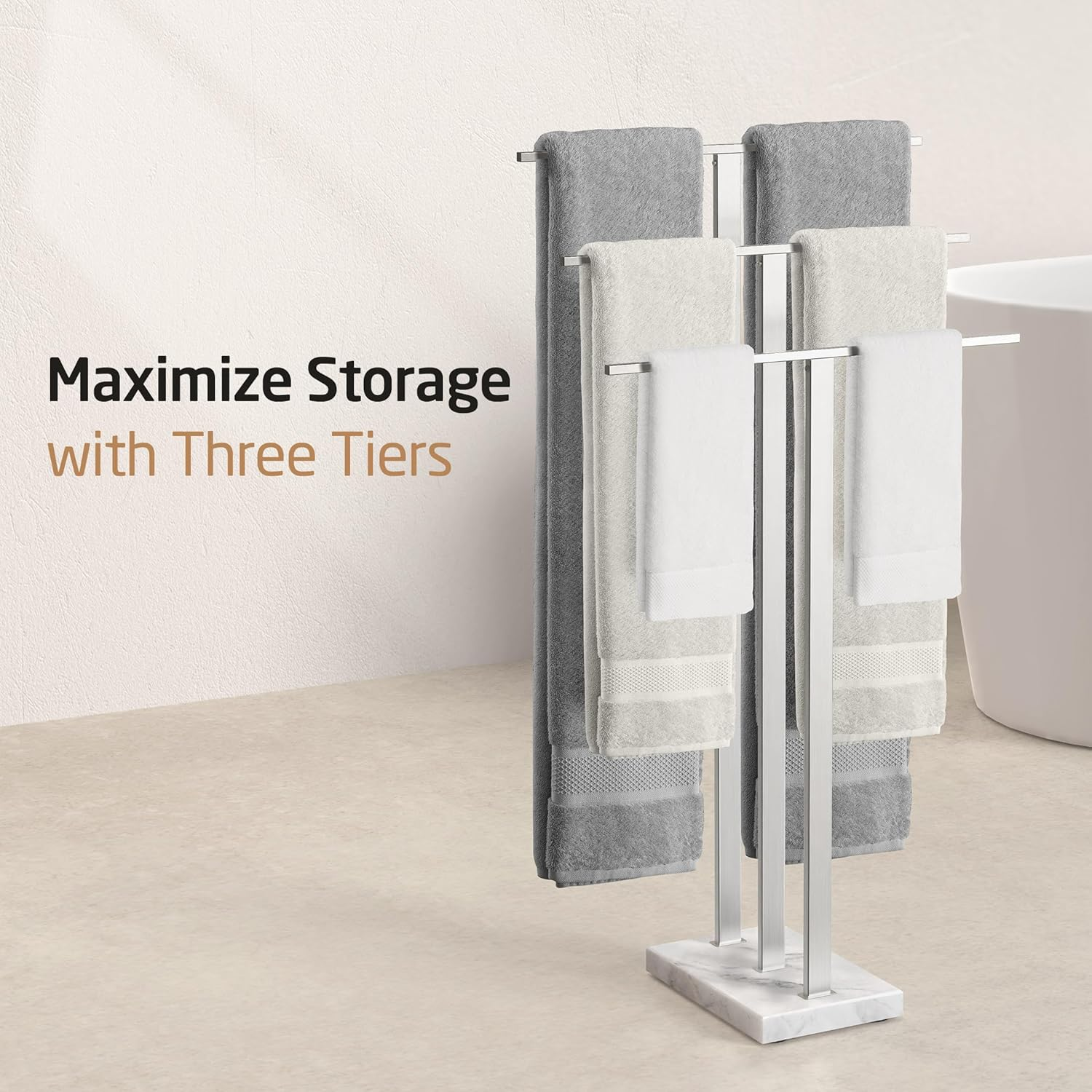 KES Standing Towel Rack 3-Tier with Heavy Marble Base, Free Standing Towel Racks for Bathroom Floor, SUS304 Stainless Steel Brushed Finish, BTH217S3-2 image number 3