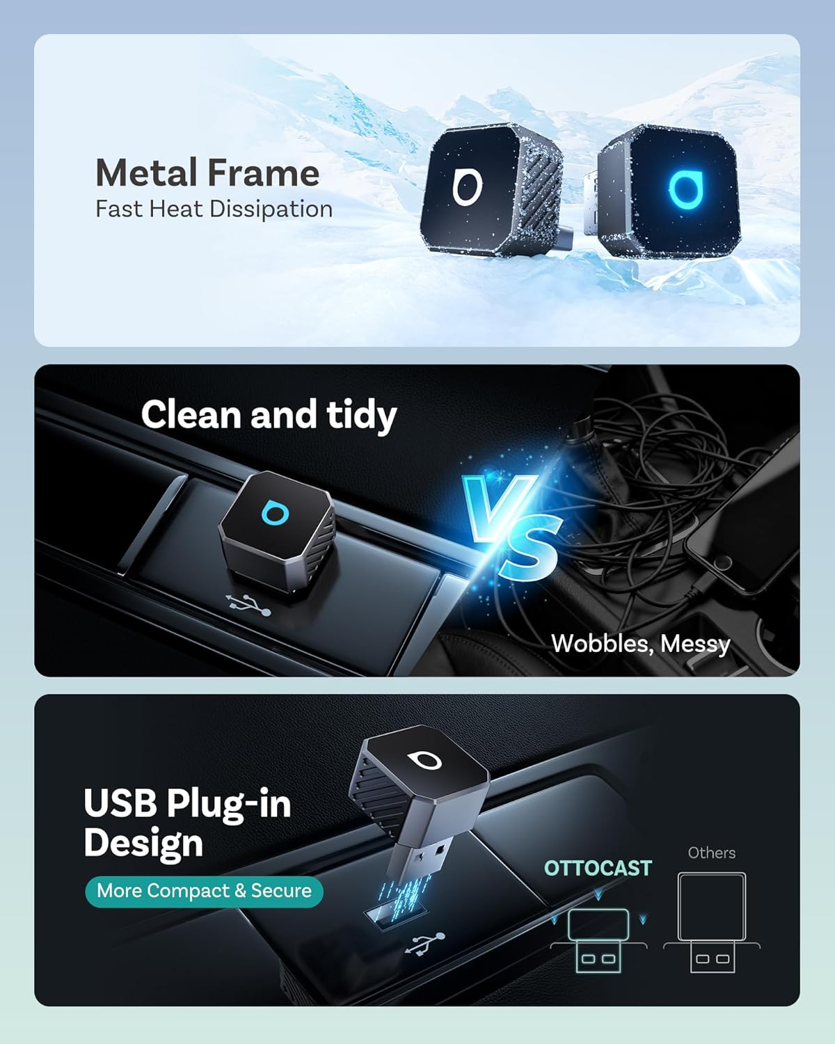 OTTOCAST Mini Pot 2025 2-In-1 Wireless Carplay/Android Auto Adapter, 5Ghz Wifi, Auto Connect for 2016+ Cars image number 2