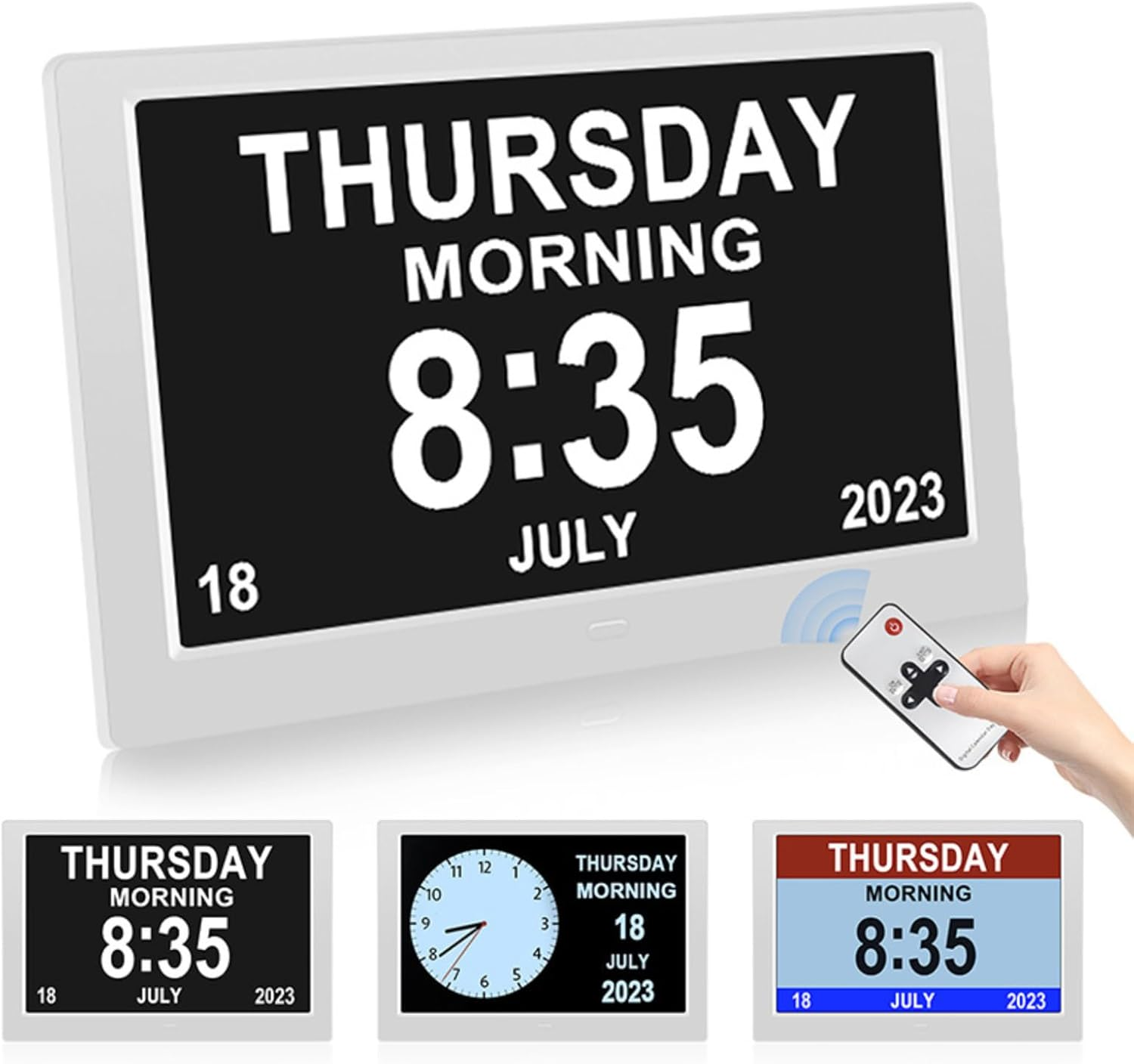 Digital Calendar Alarm Day Clock - 7" LED Dementia Clock Large Screen Display, 12/24Hr Remote Control for Extra Large Aged Seniors, Home D&eacute;cor Desk, Wall Mounted Black/White (White) - White image number 2