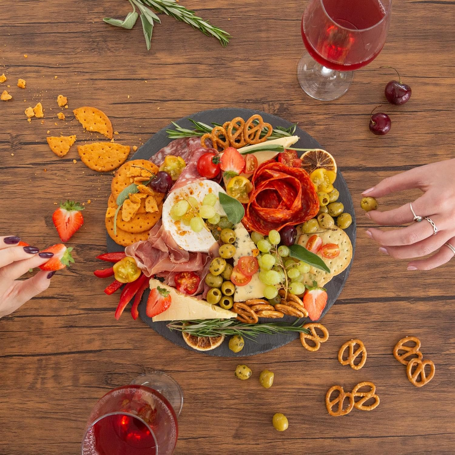 Argon Tableware Slate Serving Platter - round - 33Cm - Pack of 1 - Black Natural Slate Rustic Raw Cut Serving Platter Fruit Savoury Placemat Cheese Board with Soft Padded Feet image number 3