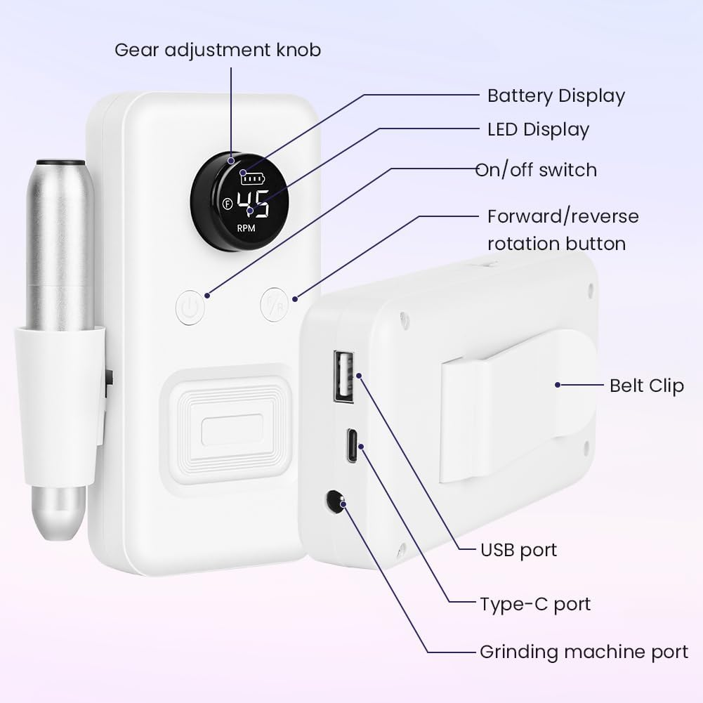 BUTBU Cordless Electric Nail Files, 13 in 1 Professional Rechargeable Electric Nail Drill Machine, 30000 RPM Portable E File Kit, Manicure Pedicure Set with 6 Drill Bits, for Home Salon (White) image number 6