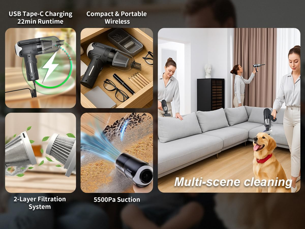 Paws2U Car Vacuum Cleaner, Powerful Handheld Vacuum Cordless, Rechargeable Portable Lightweight Mini Vacuum Cleaner Compressed Air Duster Air Blower for Car Home Pet Hair Deep Cleaning image number 6