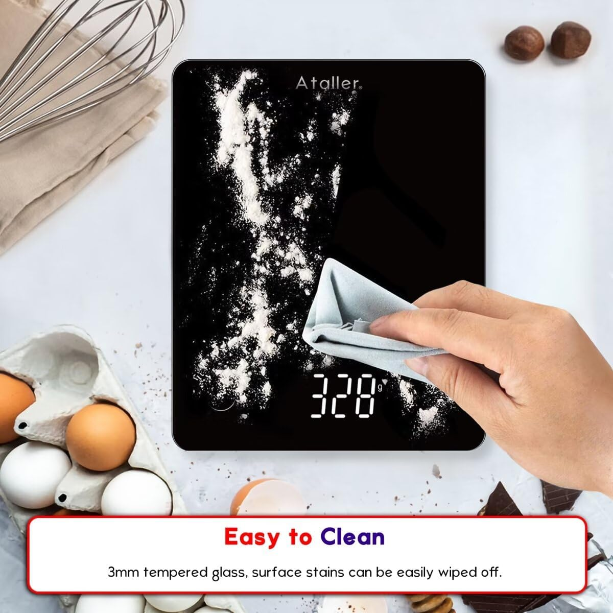 Ataller Digital Food Scale, Tempered Glass Panel, 10Kg/22Lb Capacity, Kitchen Weighing Scales with LED Display and 1G Increments for Baking, Cooking, Keto and Meal Prep, Black image number 6