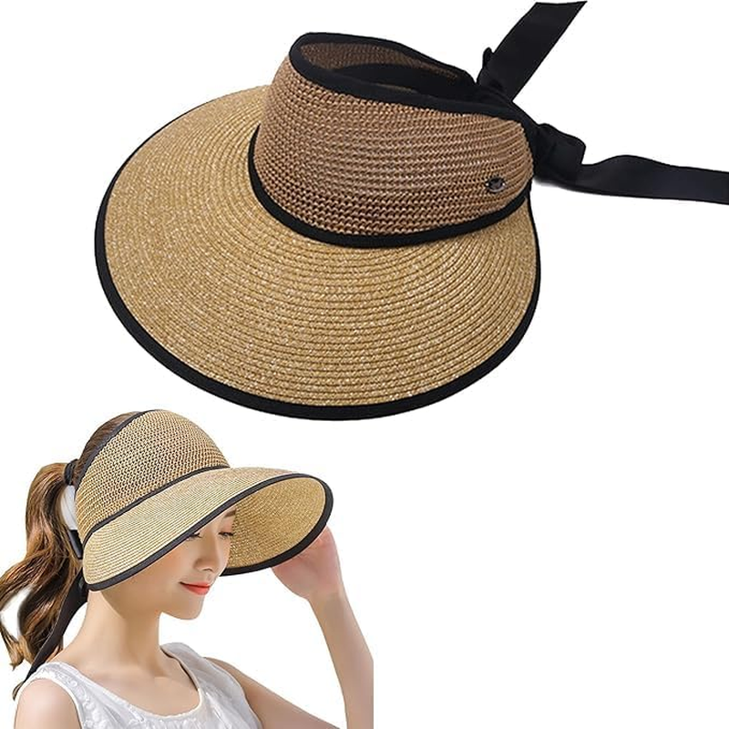 FIME. Women Sun Visor Hats Beach Foldable, Roll up Wide Brim Bowknot Summer Straw Hat Cap Cruise Wear for Womens,Women'S Sun Hats UPF50 UV Protection Sun Hat (Khaki) image number 2