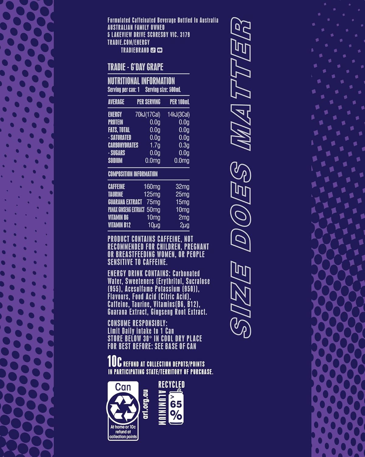 TRADIE G'Day Grape Sugar Free Energy Drink 12 X 500Ml