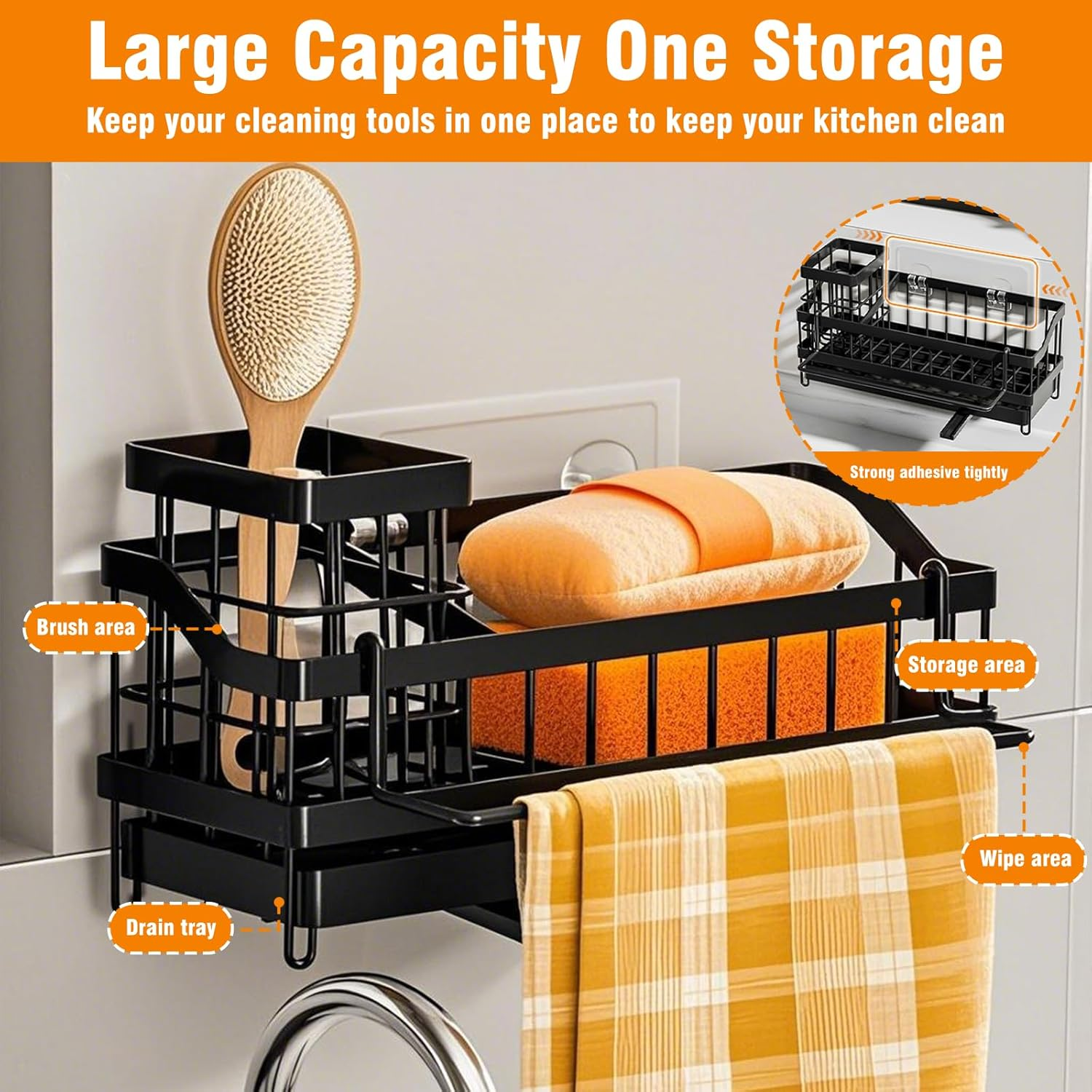 Kitchen Sink Caddy Organiser,Sinkware Organizer with Removable Auto-Draining Tray & Brush Holder, Washing up Rack for Dishcloth Towel Soap,Sponge Holder for Countertop Bathroom Storage & Organisation image number 4