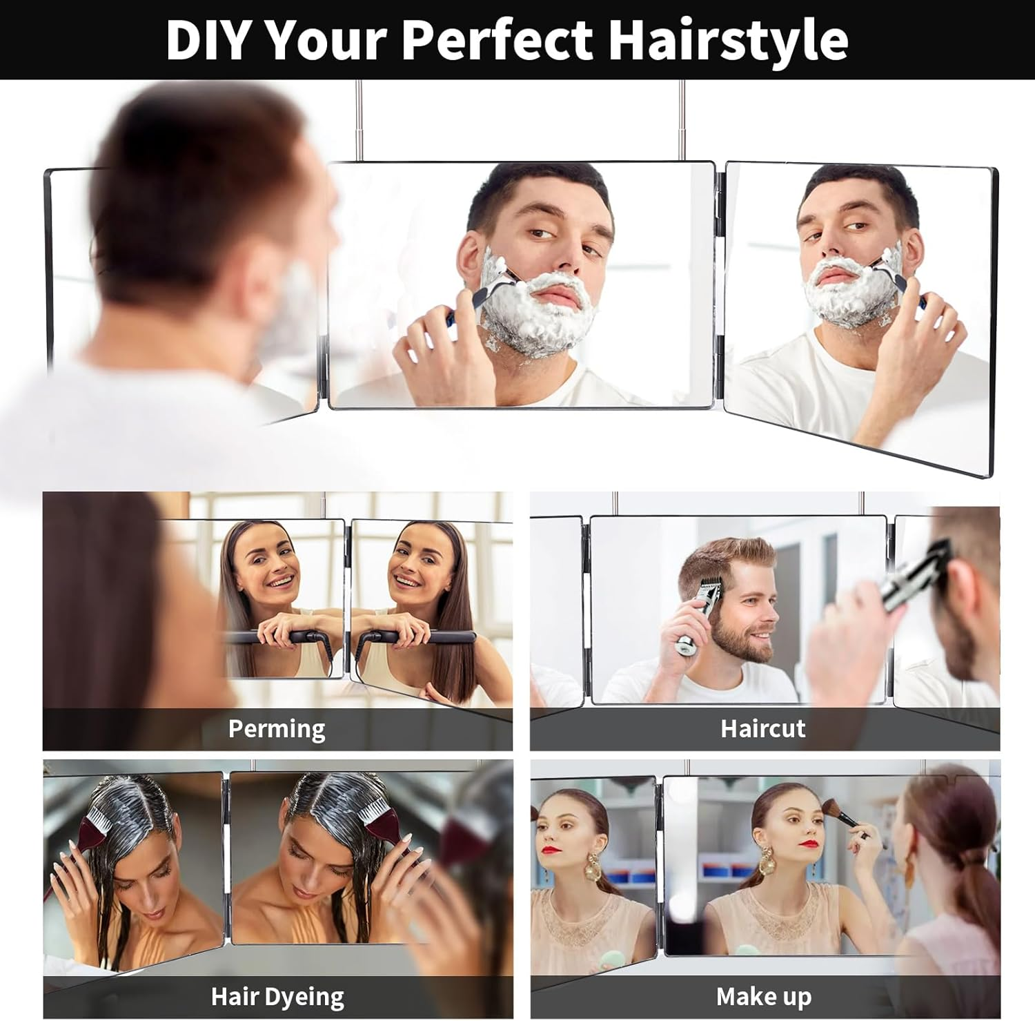 3 Way Mirror,360 Trifold Mirror with Height Adjustable Telescoping Hooks,And 5X Magnification Mirror,For Makeup, Hair Styling (Black) image number 2