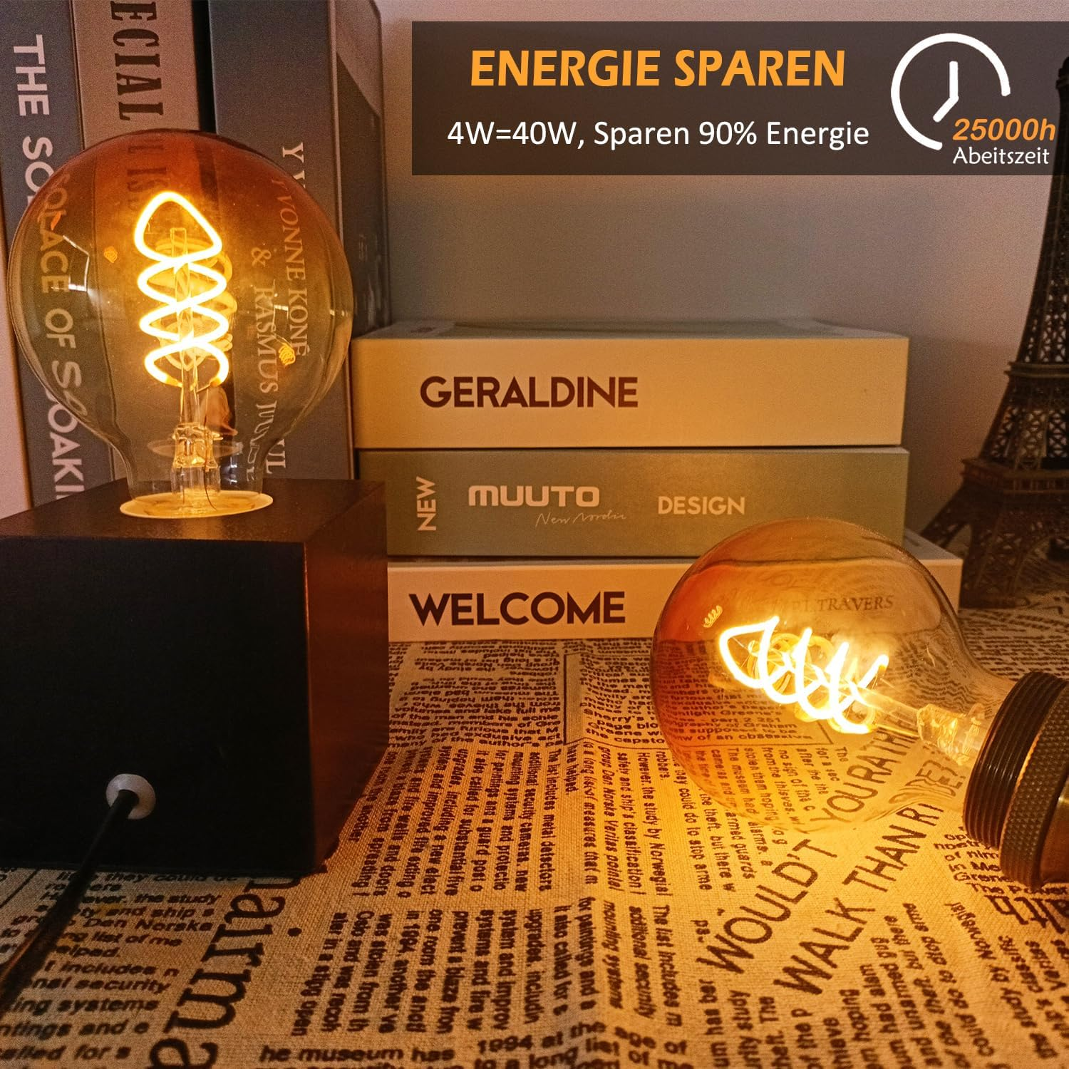 Vintage Edison LED Bulb, Dimmable E27 4W LED Bulb, Vintage Edison Lamp Dimmable E27, Ideal for Nostalgic and Retro Lighting, Orange (G80 CS) image number 6