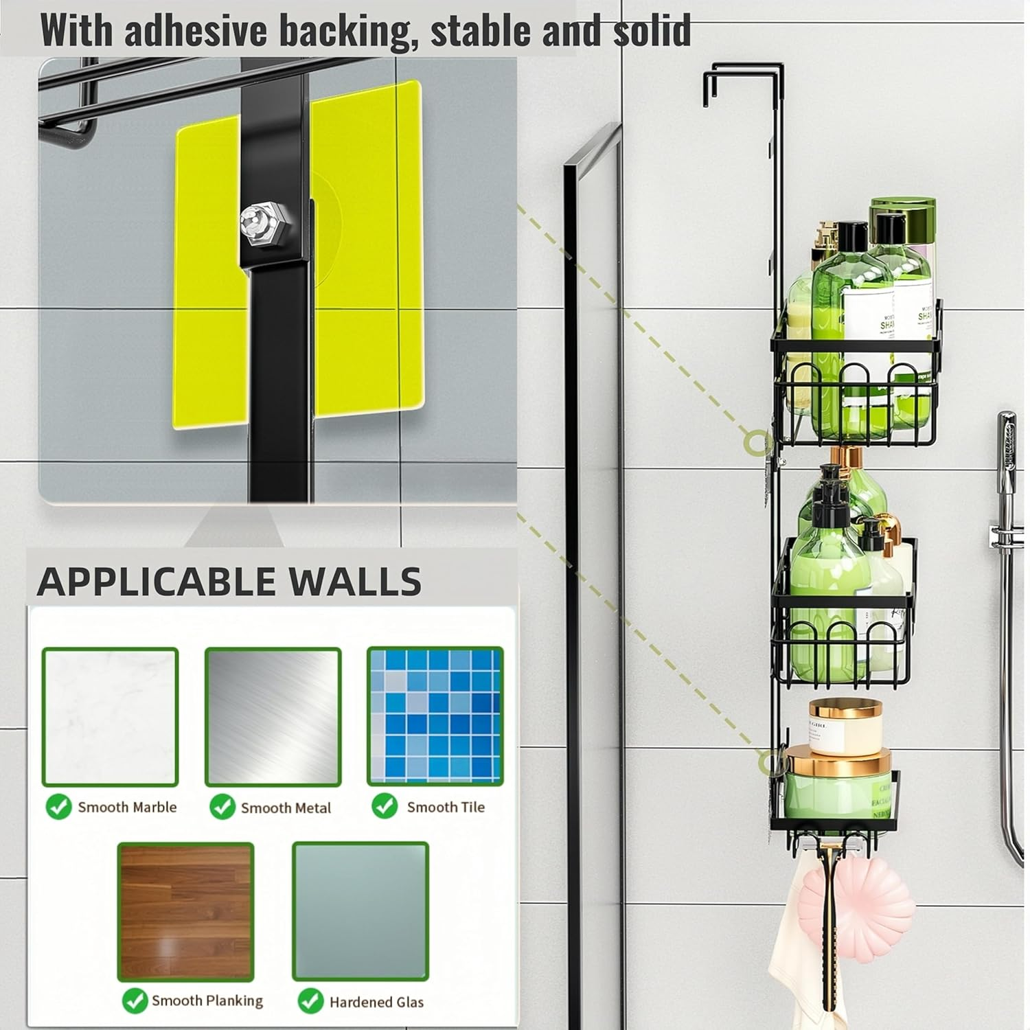 3 Tier over the Door Shower Caddy Hanging Shower Shelf with Soap Holder, Bathroom Hanging Shower Caddy over the Door Hanging Shower Basket with 4 Hooks, Toiletries Organizer for Bathroom Storage image number 3
