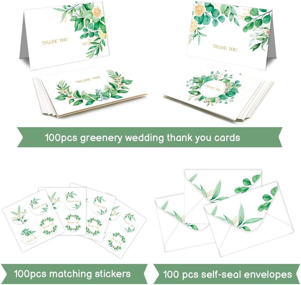 Paper Master 100 Thank You Cards, 4X6 Inch Assortment Blank Thank You Cards with Envelopes and Stickers,Perfect Greenery Greeting Cards for Wedding,Baby Shower, Bridal Shower and All Occasions image number 1