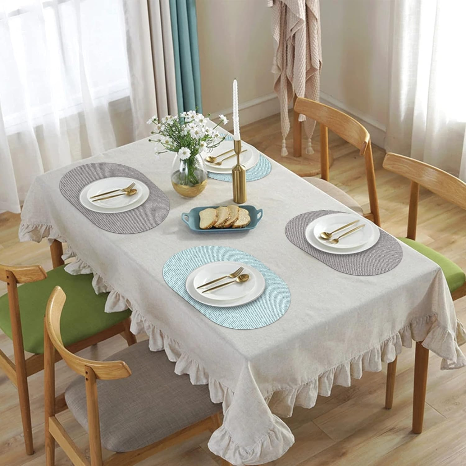 IYYI Silicone Placemats, Oval Placemats for Dining Table, Dishwasher Safe Table Mats Waterproof Non-Slip Kids Placemats Set of 4 （Light Gray-Line） - Light Gray-Line image number 1