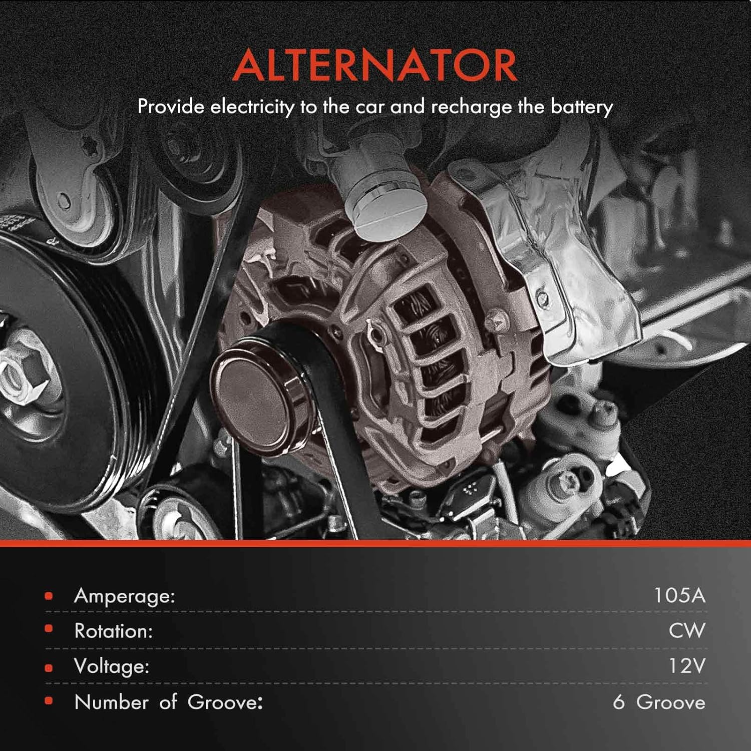 A-Premium Alternator Compatible with Chevrolet Corvette 1986 V8 5.7L 105A 12V CW 6-Groove Pulley image number 6
