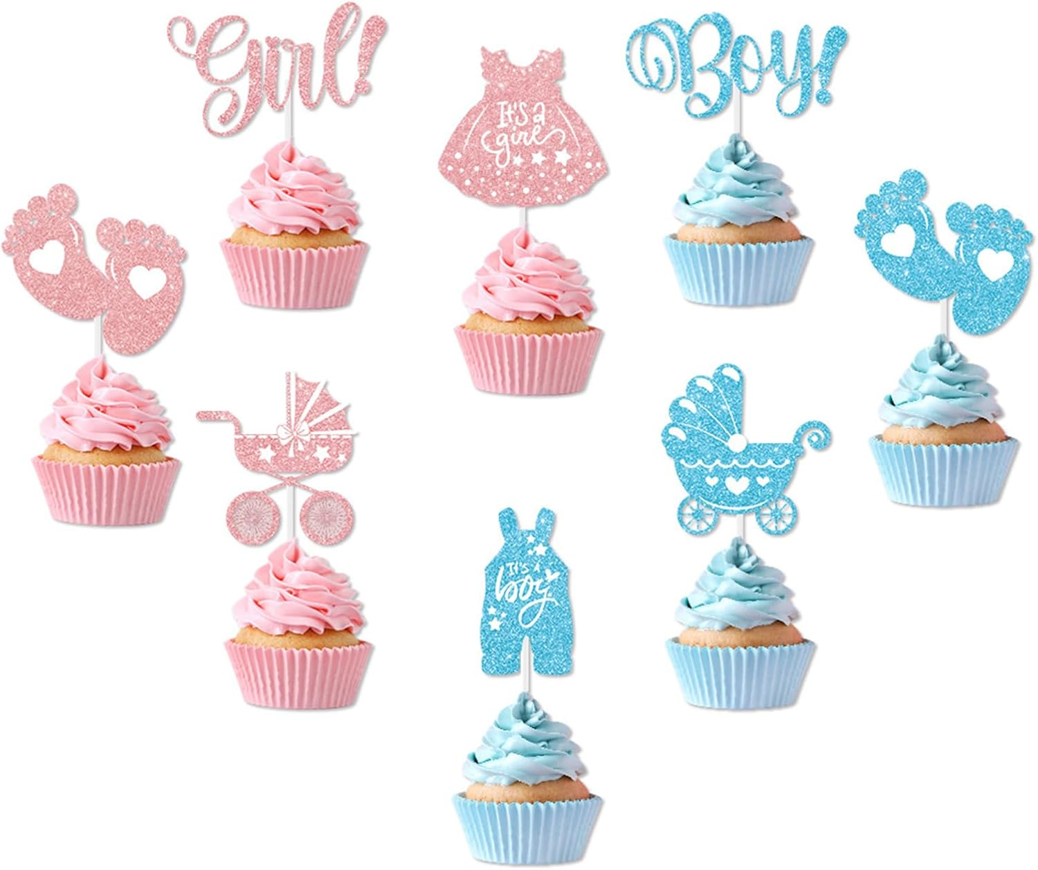 24 Pcs Baby Gender Reveal Cupcake Topper Set; Boy or Girl Themed Party Cake Decorating Props; for Baby Shower Gender Reveal Party Creative Decorations image number 2