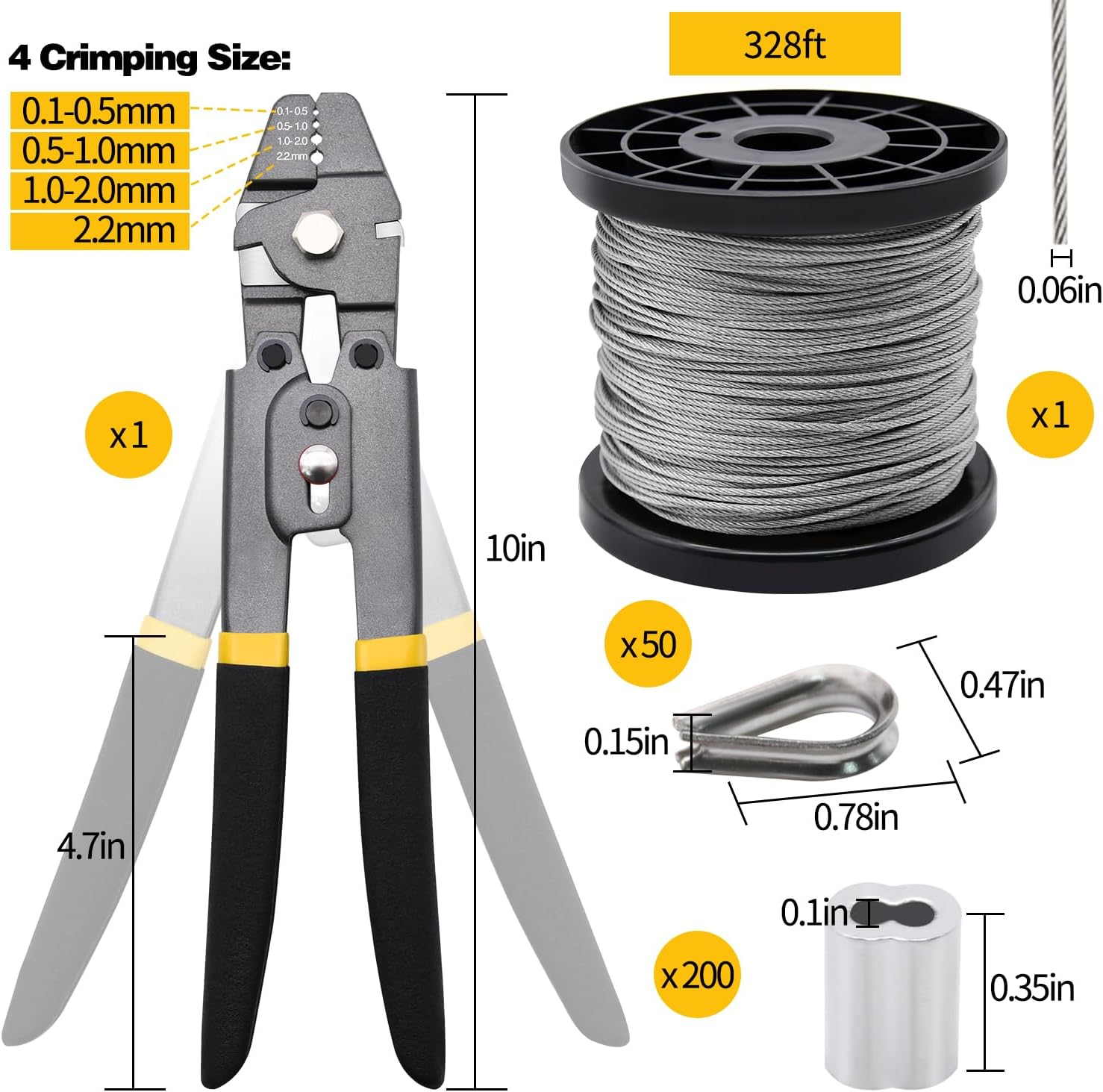 328Ft Wire Rope Crimping Tool Kit, Stainless Steel Wire Rope Cable with Aluminum Crimping Sleeves and Stainless Steel Thimbles for Railing, Decking, Picture Hanging (328Ft) image number 6