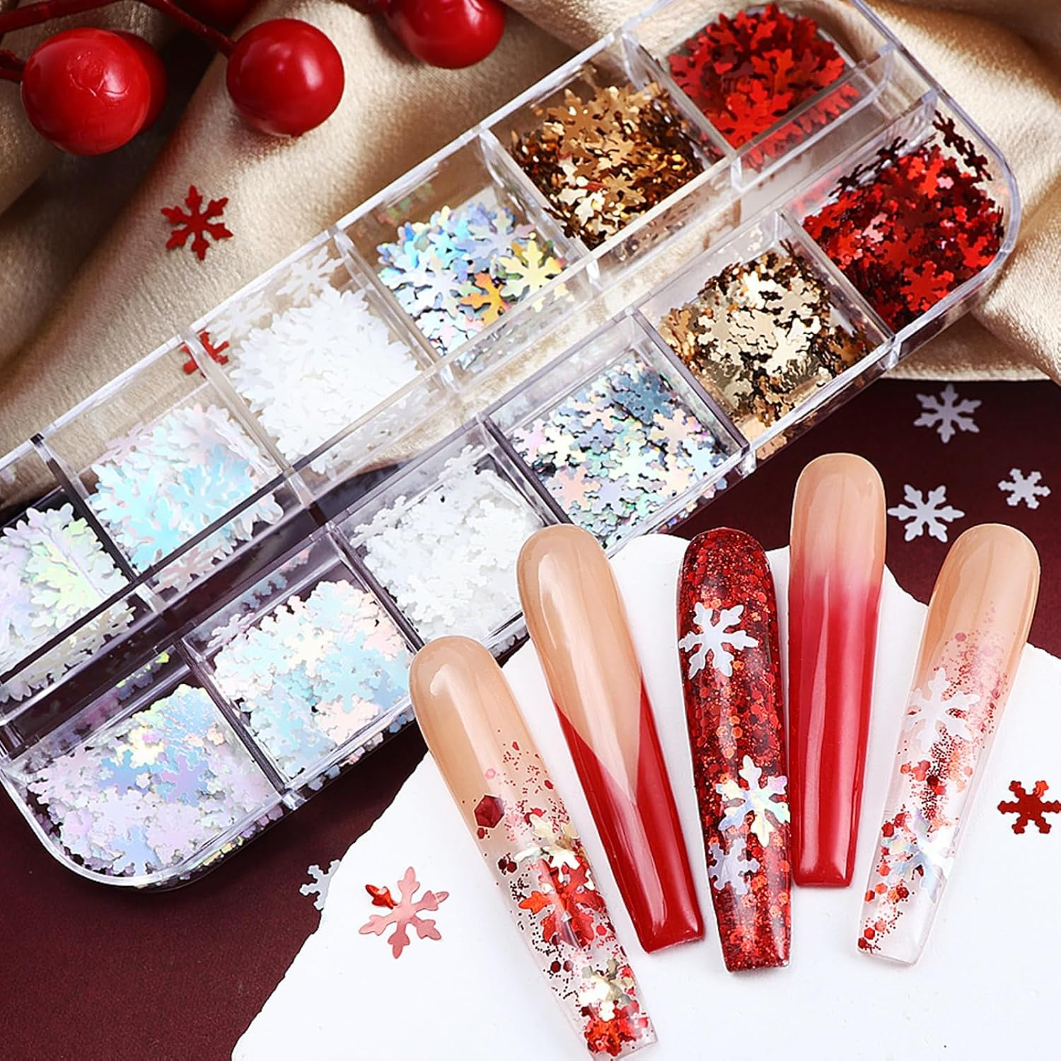 Itadaku 12 Grids Christmas Snowflake Nail Glitter, Holographic Sequins for Winter Art, Red & White Snowflake Decorations for DIY Crafts and Holiday image number 1