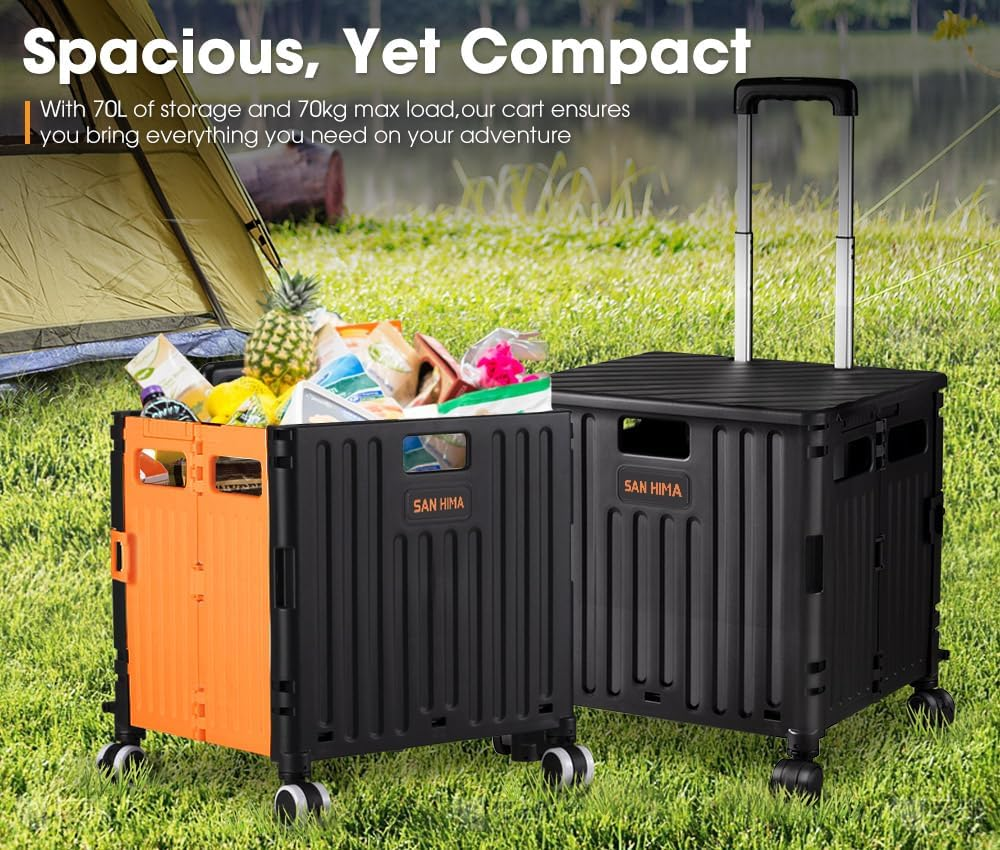 San Hima Foldable Shopping Trolley Cart Folding Trolley 70L, Crate on Wheels 360˚ Rotating (Lockable Front) W/Telescopic Handle, Durable Material, Quick Setup, Capacity 70KG, for Camping Shopping image number 5