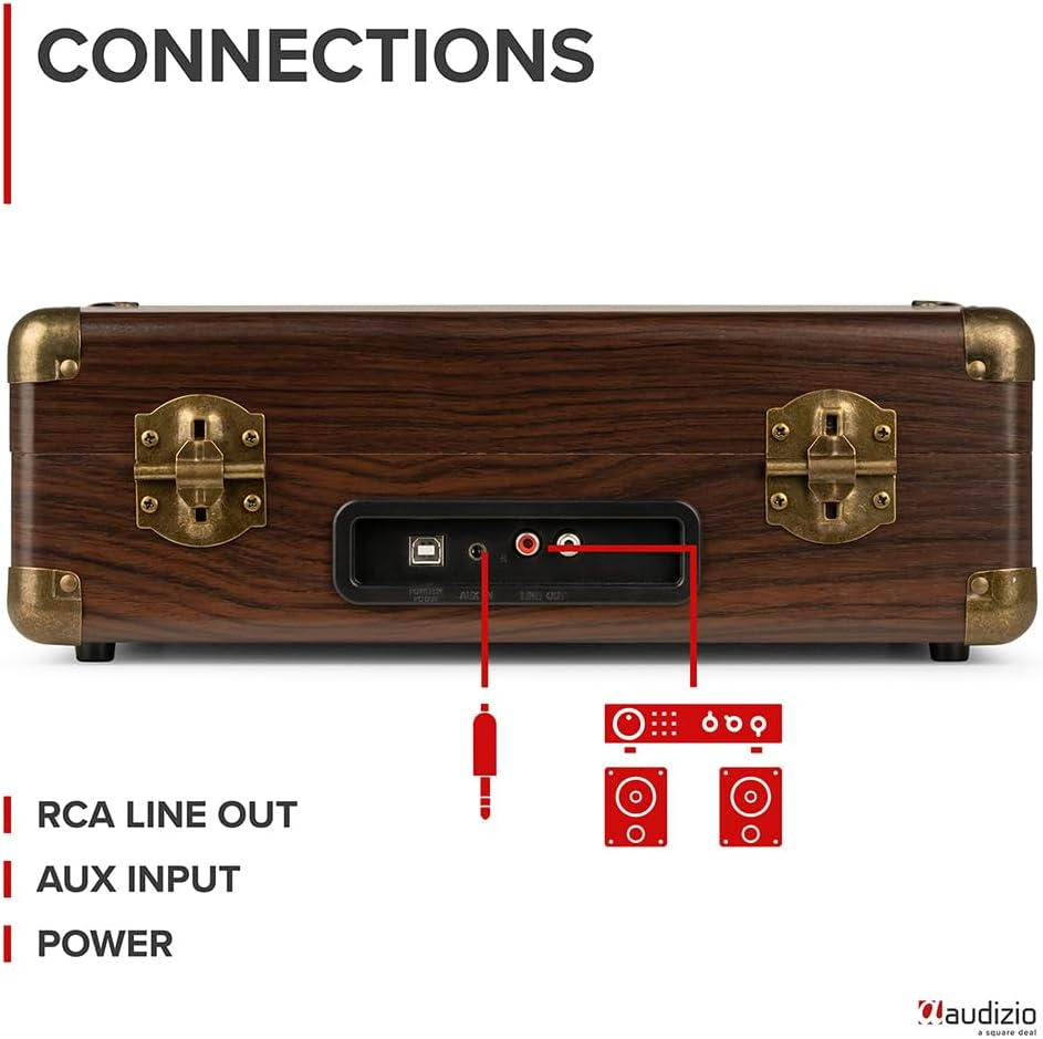 Audizio Turntable Briefcase Record Player | USB Retro Record Players for Vinyl with Speakers | 3 Speeds | Convert Retro Vinyl to Mp3 via USB | RCA Output/Aux 3.5Mm (Wood) image number 1