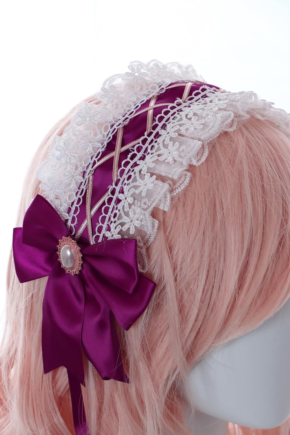 C-09-2 Burgundy Purple White Maid Lolita Satin Lace Ruffle Headband with Bow Gothic Hair Accessories Headband Hair Accessory image number 4