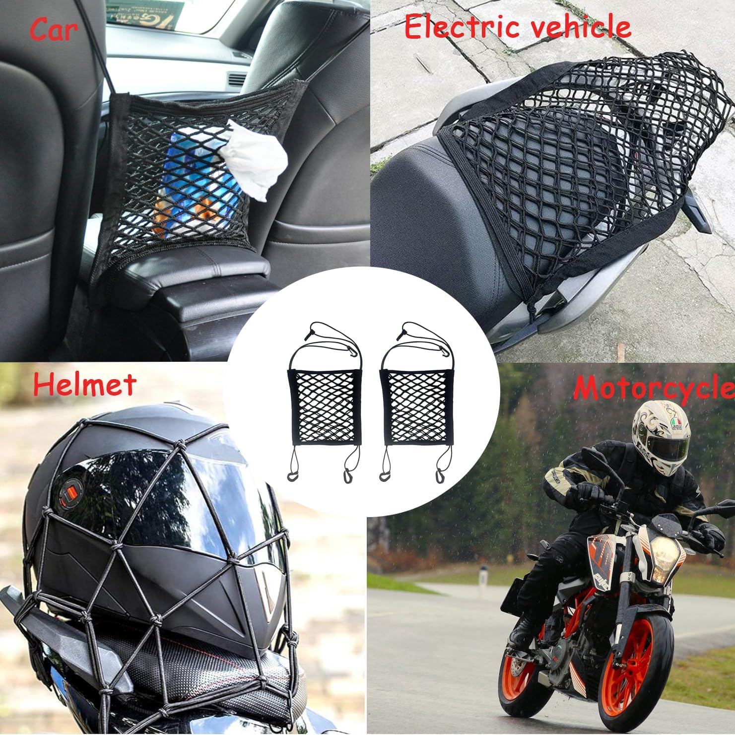 ZMD 2PCS Small Cargo Net for Motorcycle Helmet Storage, 11"X9.8" High-Elastic Double Layer Bungee Net with 4 Strong Hooks, Luggage Strap Rack Expansion Organizer Net Pocket for Motorbike Trike Cycle image number 4