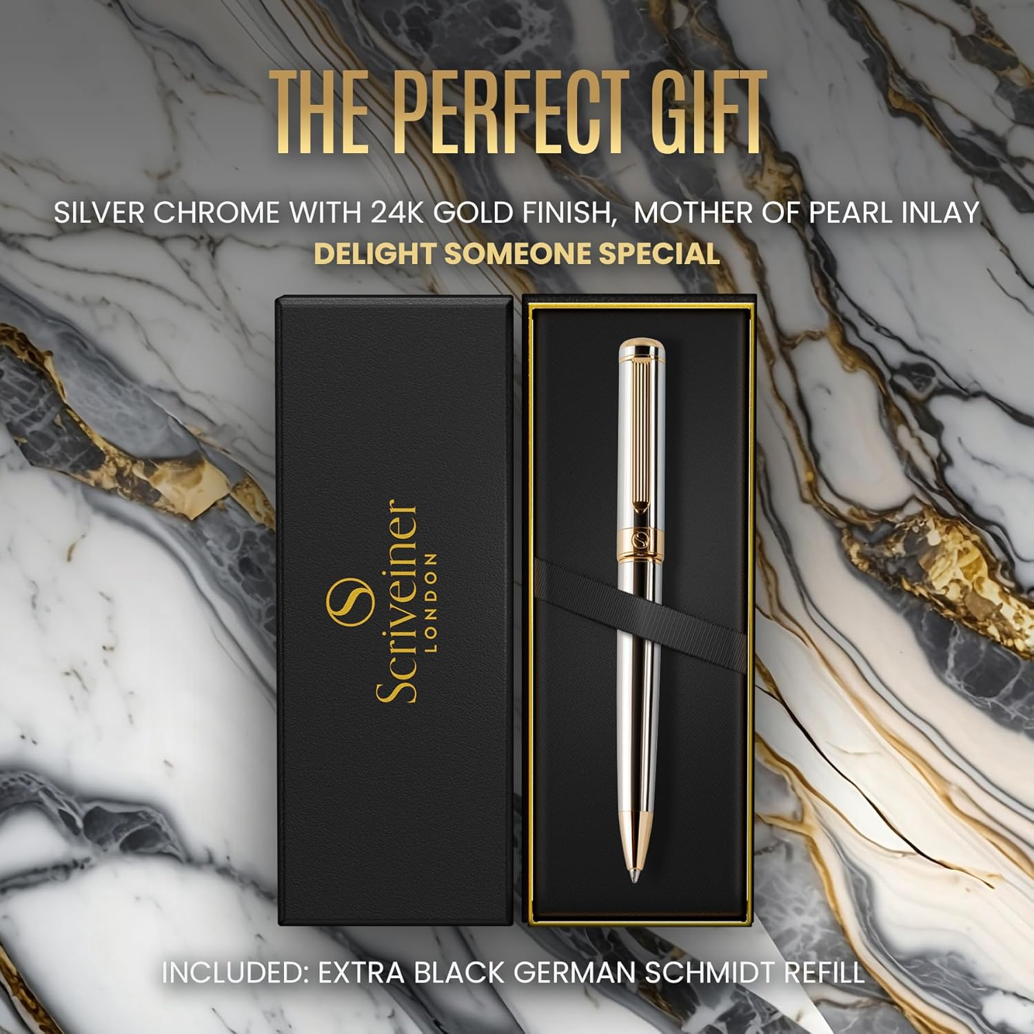 Silver Chrome Ballpoint Pen - Stunning Luxury Pen with 24K Gold Finish, Schmidt Black Refill, Best Ball Pen Gift Set for Men & Women, Professional, Executive, Office, Nice, Fancy Pens - Black With Gold image number 7