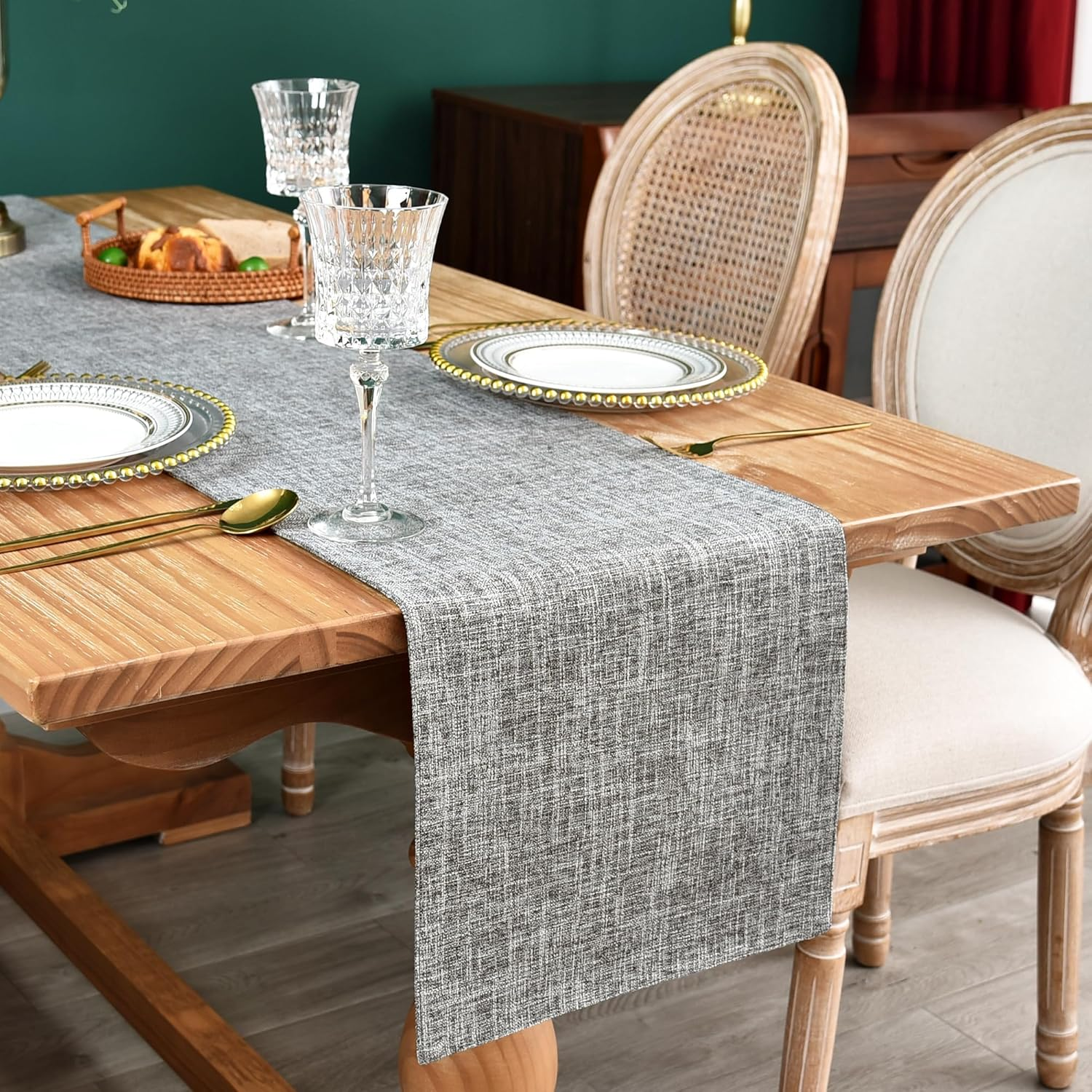 Reversible Double Layer Table Runner Faux Linen Fabric Beige Table Runners Elegant Rustic Farmhouse Runners for Kitchen Dining Coffee Table 13X48 Inch (33X122 Cm)