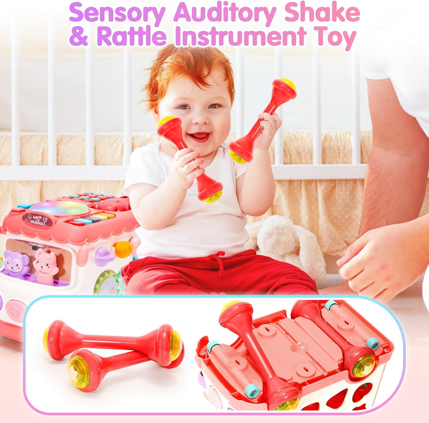 Amidear Baby 1-2 Year Old Girl, 10-In-1 Montessori Toys Bus for Baby 6-12-18 Months+, First Christmas and Birthday Gifts, Educational Musical Sensory Learning Toddler Toys Age 1-2, Pink image number 2