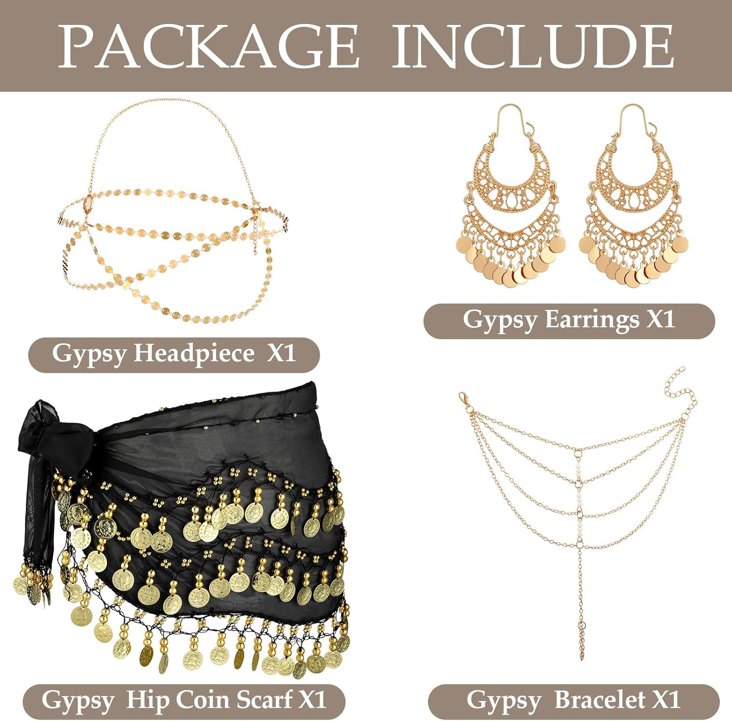 Sureio 4 Pcs Gypsy Costume Accessories Belly Dance Accessories Hip Scarf Wrap Belt Drop Earrings Hair Chain Tassel Bracelet image number 3