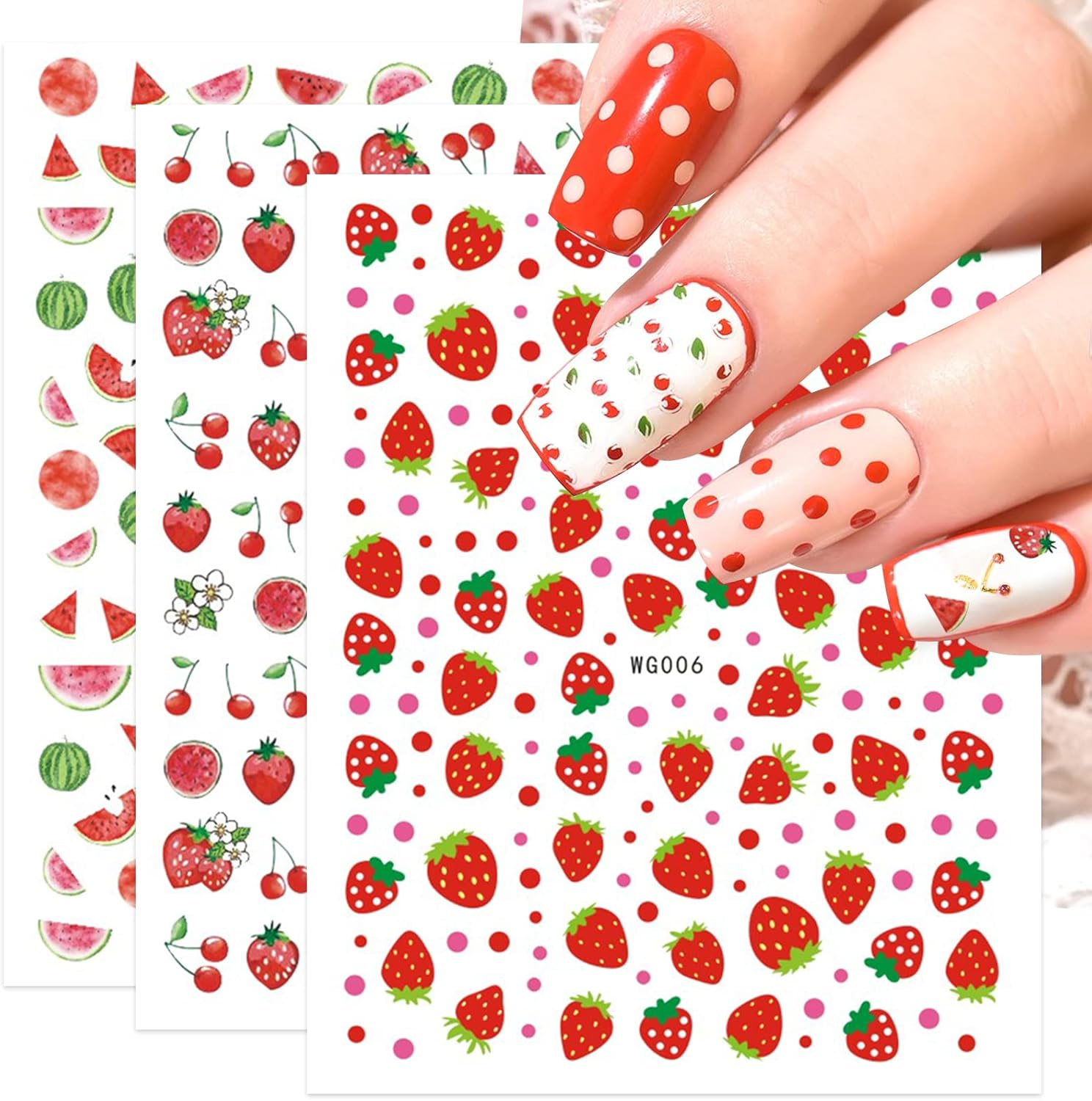 10 Sheets Strawberry Nail Art Stickers Decals Self-Adhesive Cute Fruits Strawberry Watermelon Avocado Cherry Nail Decoration Accessories for Little Girls Kids