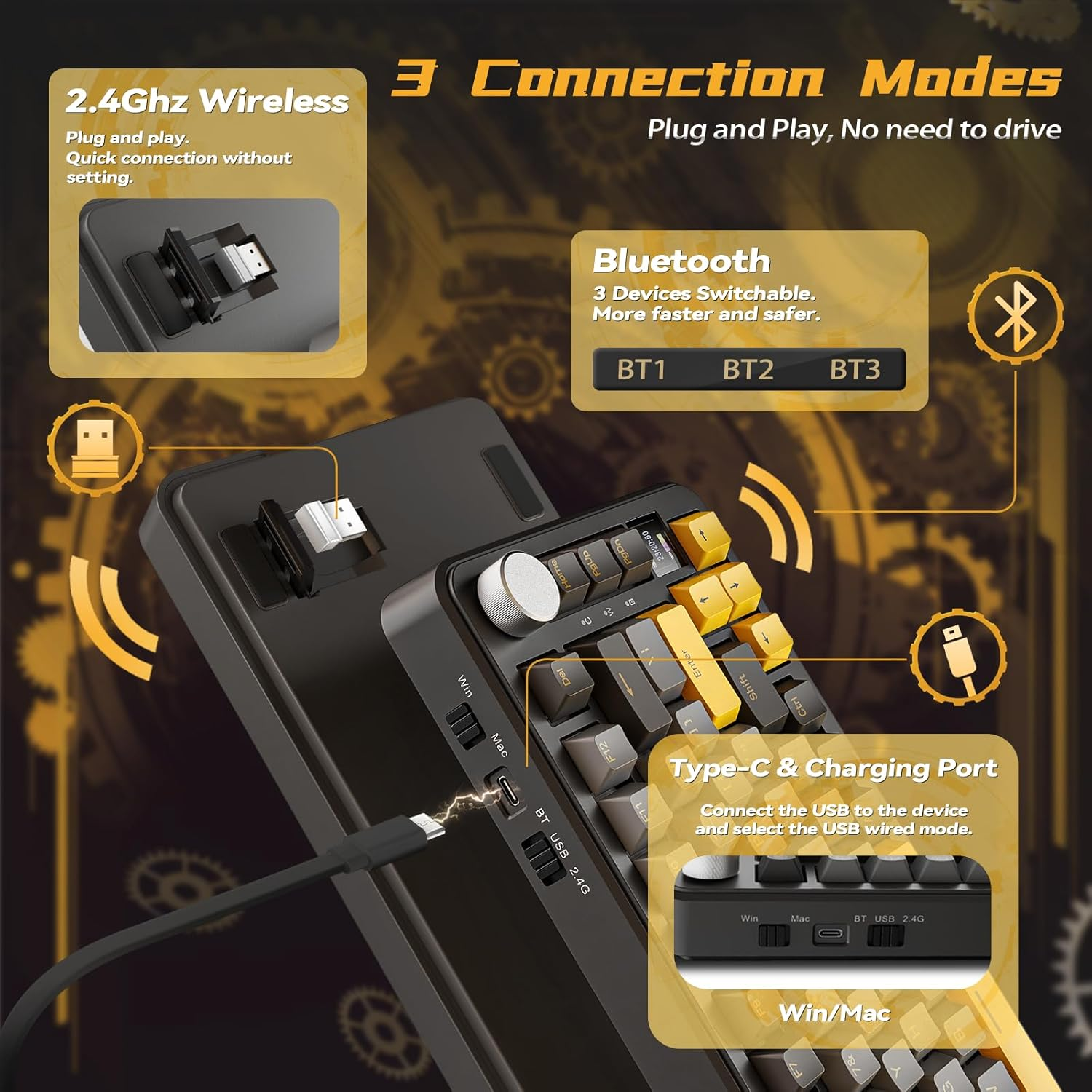 ATTACK SHARK X85Pro 75% Mechanical Keyboard with Screen & Knob Hot Swappable Wireless 2.4Ghz/Bluetooth/Wired RGB Gasket Mount QMK Custom Gaming Keyboard Linear Blueberry Switch for PC/MAC (Black) - Black image number 5