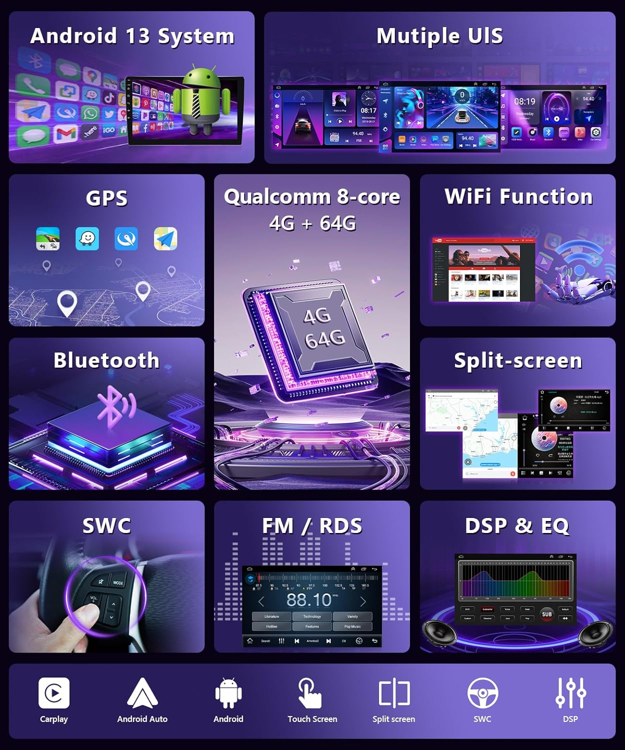 Car Stereo for BMW 328I 335I 325I E90 E91 E92 E93 2005-2011 Radio Wireless Carplay Android Auto, 9" IPS Touch Screen for BMW 328I Stereo BT/FM RDS Dsp/Gps/Wifi/Swc/Ahd Camera + CANBUS(4+64GB) image number 5