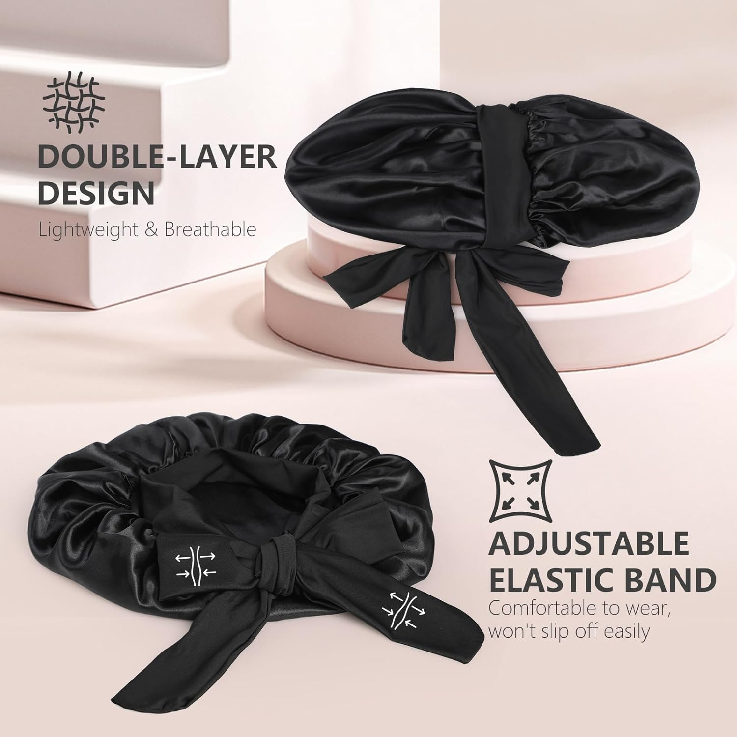 Bigqin Satin Bonnet Silk Bonnet for Sleeping, 2 Pack Hair Bonnet Night Sleep Cap with Tie Band Head Wrap Bonnets for Women and Girls Curly Natural Hair, Black & Pink image number 4