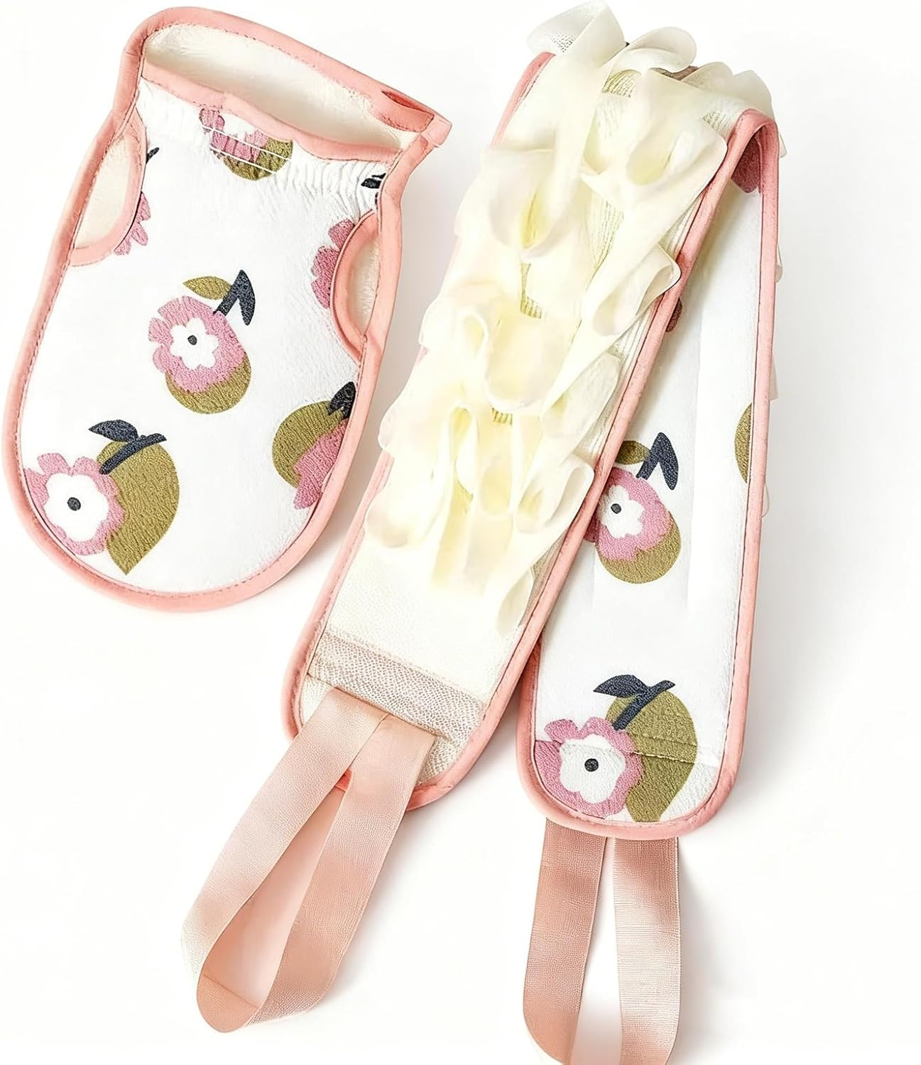 2Pcs Back Scrubber with Long Handle & Body Scrubber, Exfoliating Towel and Mitt Set for Shower and Bath (Pink) image number 6