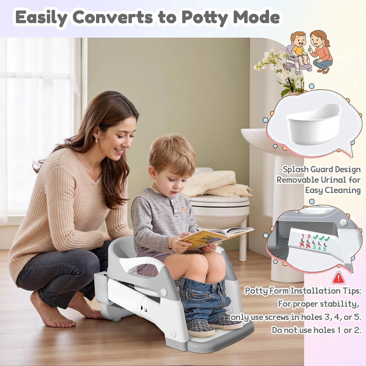 Multifunctional Toddler Potty Trainer with Adjustable Stool, 3-In-1 Potty Seat Cushion, and Step Ladder. Foldable Design with 5 Height Settings, Cushion Seat, and Non-Slip Base (Gray) image number 6