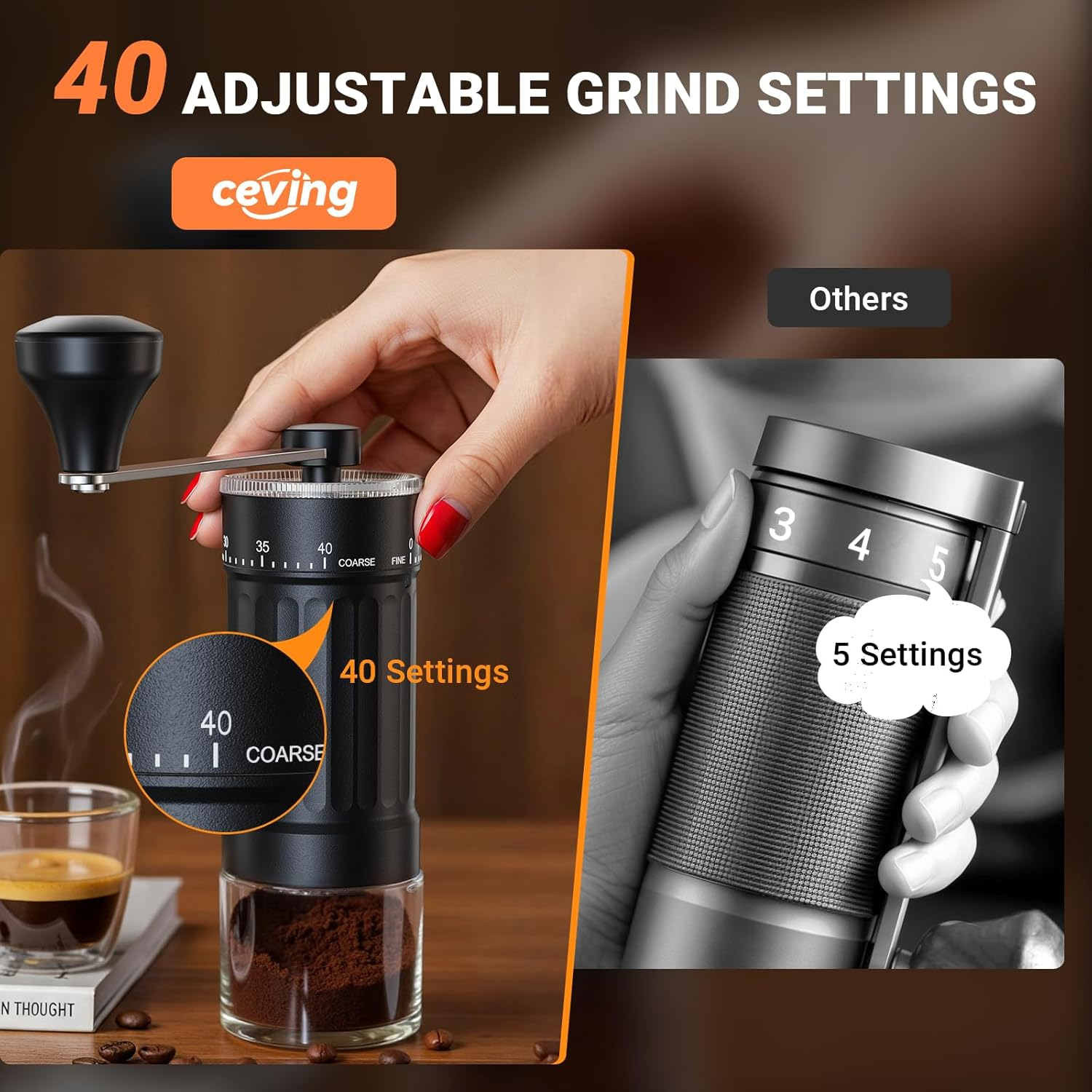 Mini Manual Coffee Grinder with 40 Adjustable Settings, Portable Hand Coffee Bean Mill with 30G Capacity, Conical Burr Coffee Grinder with Crank for Travel, Camping, Office, Espresso, Pour Over, Etc