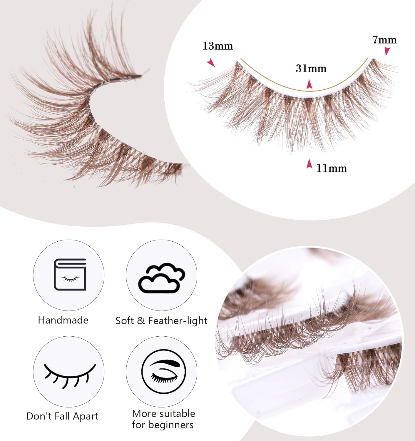 Brown Eyelashes, 7 Pairs Dark Brown Lash Strips, Natural Look D Curl & Lightweight Cat Eye Wispy False Eyelashes with Clear Band for Daily Wear, Women, Makeup Beginners