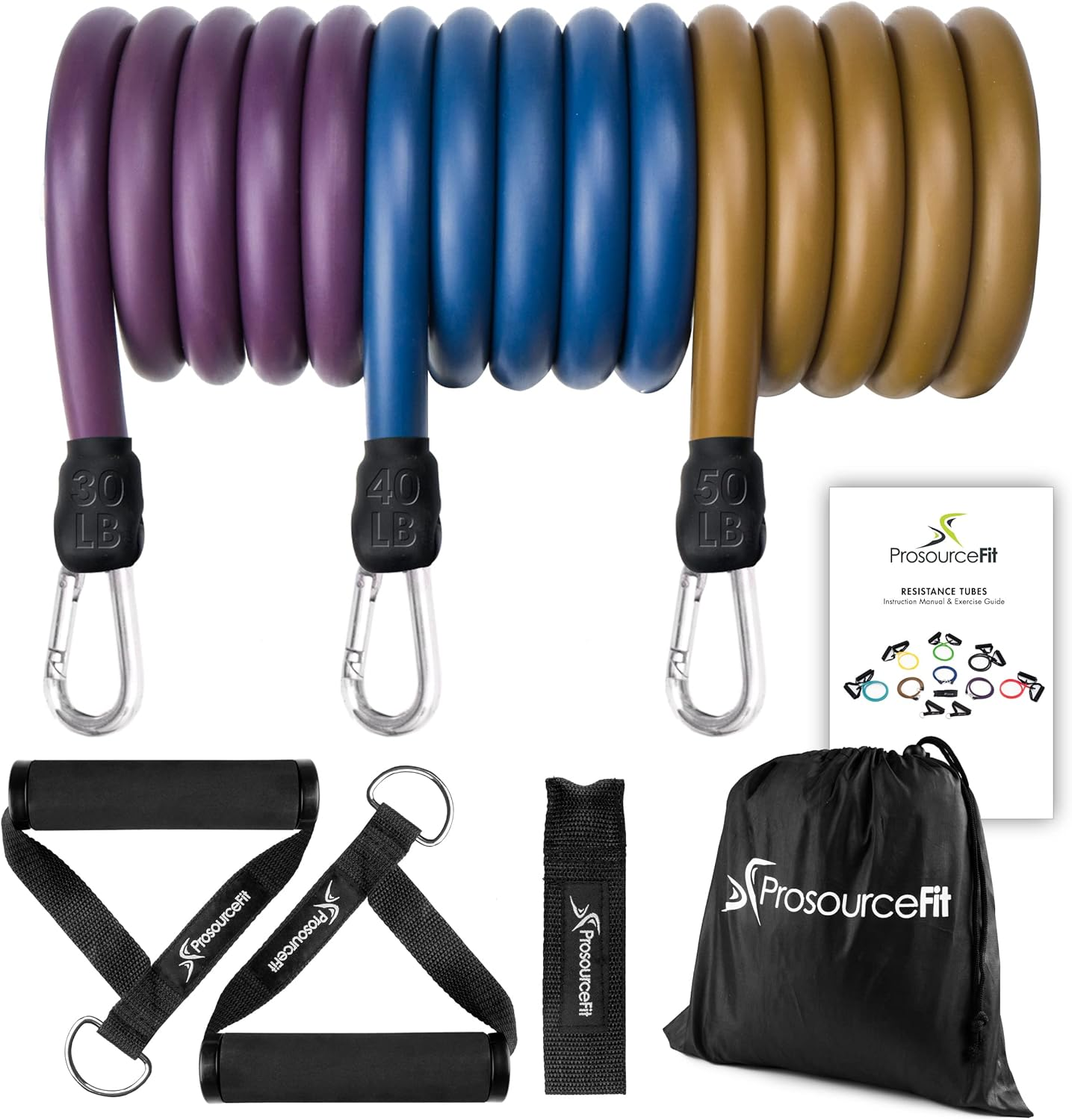 Prosourcefit Premium Heavy Duty Tube Double Dipped Latex Xtreme Stackable Resistance Bands Set 20 to 50 LB with Door Anchor and Exercise Chart Full-Body Exercises and Home Workouts image number 1
