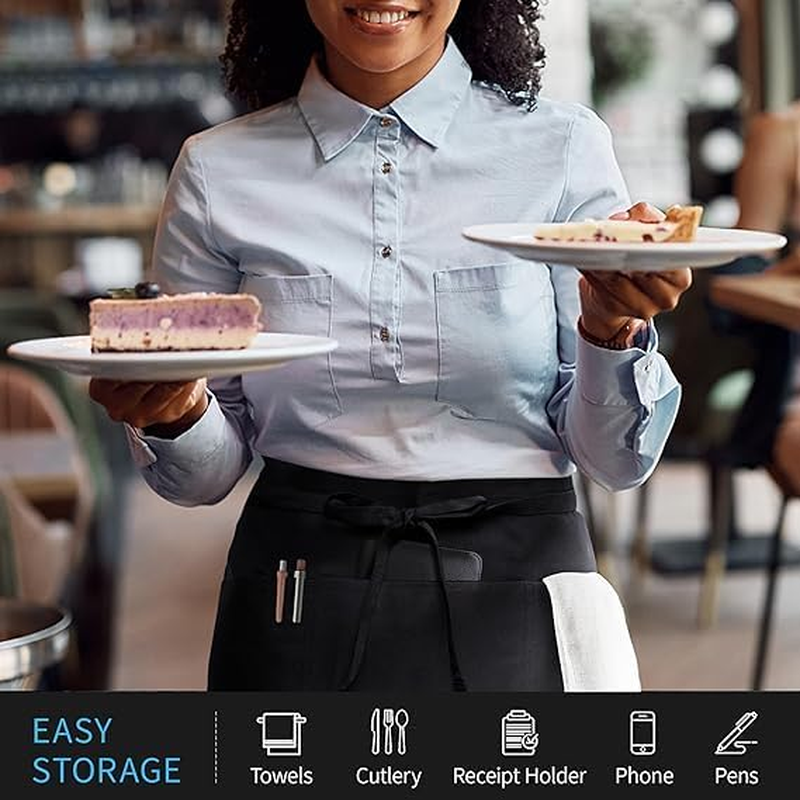 4 Pockets Black Waist Apron, Server Aprons with Antibacterial Lining for Hair for Waitresses Waiters Chefs Serving Aprons Barber Tools (50 X 37CM) image number 3