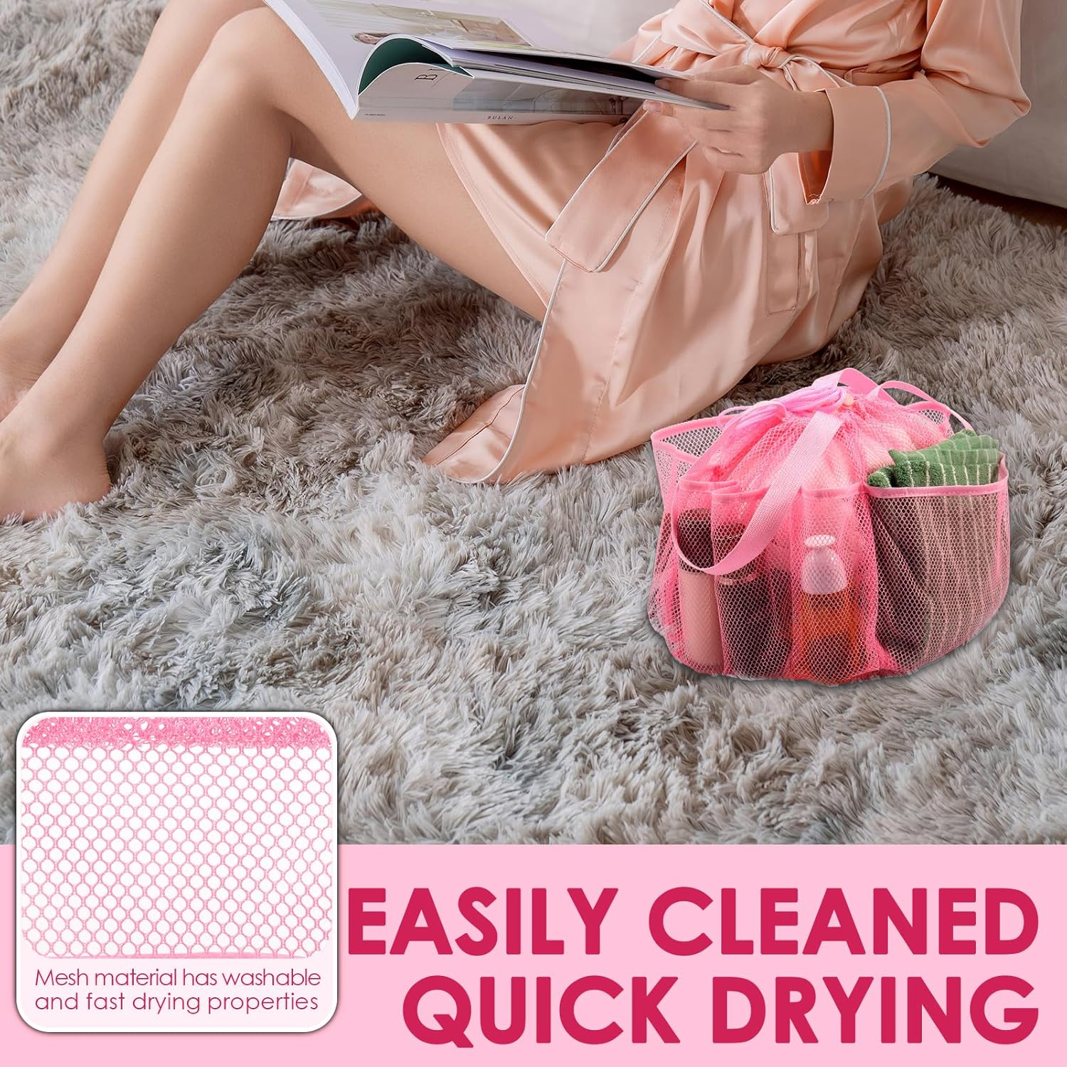 DJAPWPX Mesh Shower Caddy Double Handle Beach Toiletry Bag Drawstring Design Large Capacity for Travel Camping for People (Pink) - Pink image number 6