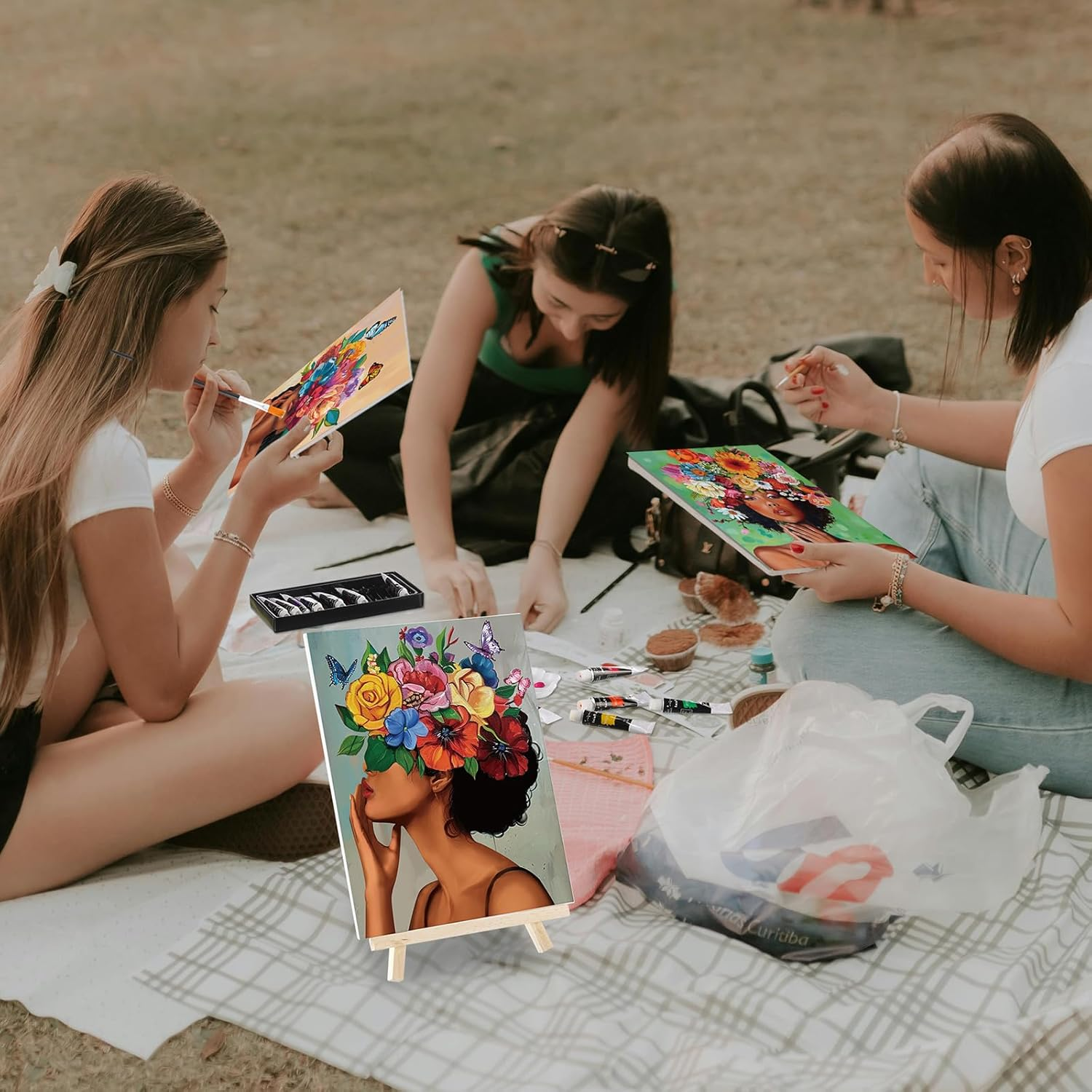 Cholemy 36 Pcs Paint and Sip Kit for Adults 8'' X 10'' Pre Drawn Canvas for Painting DIY Afro Acrylic Couples Painting Kit Wood Easel Brushes Date Night Bulk for Valentine Party Gifts image number 6