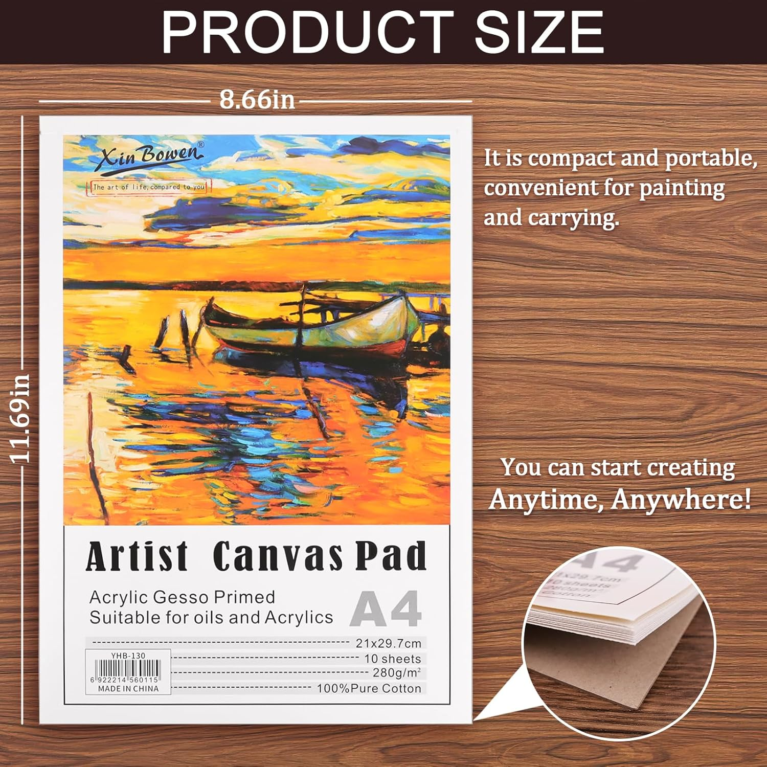 Canvas Pad for Painting, 11.69"X8.66" Pure Cotton Canvas, 10 Sheets Flexible Canvas with Tearable Glue Binding for Oil and Acrylic Art, White Canvas for Outdoor Sketching, Studio Art image number 2
