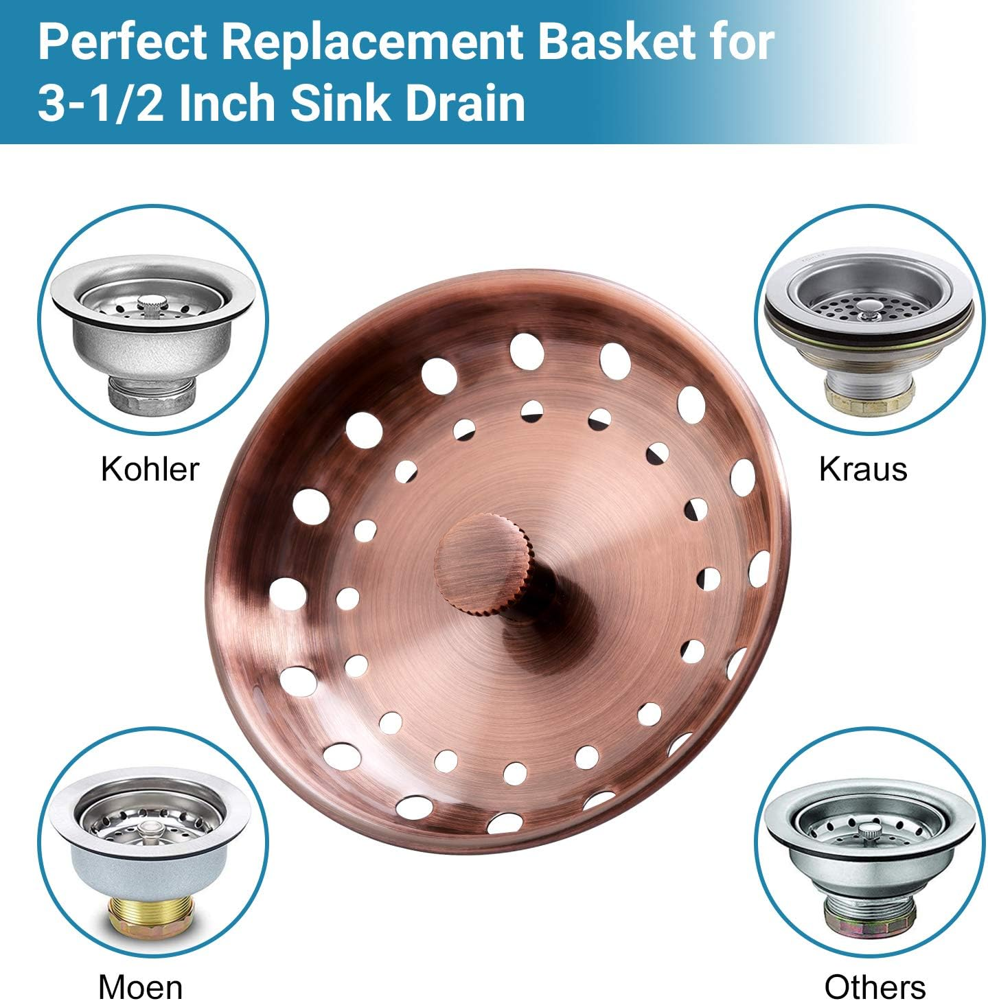 KONE Copper Kitchen Sink Strainer Basket, 2 Pcs Stainless Steel Antique Copper Sink Drain Strainer and Sink Stopper for Standard 3-1/2 Inch Sink Drain, with Metal Center Knob and Rubber Drain Stopper image number 5